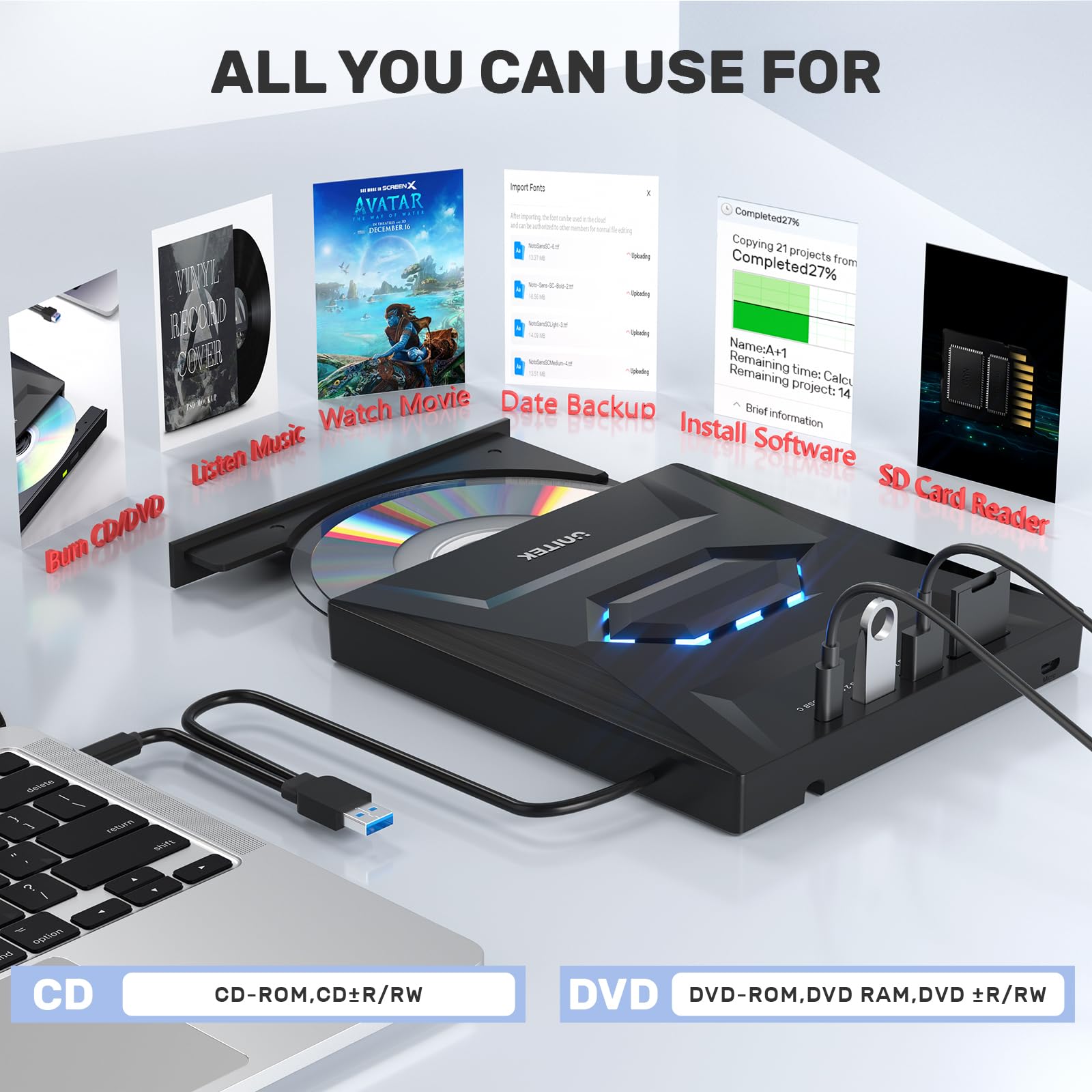 Unitek External Cd Dvd Drive, Usb C Portable Cd/Dvd +/ Rw Drive/Dvd Player With Sd Card Reader Usb 3.0 Usb C Hub Cd Rom Burner C