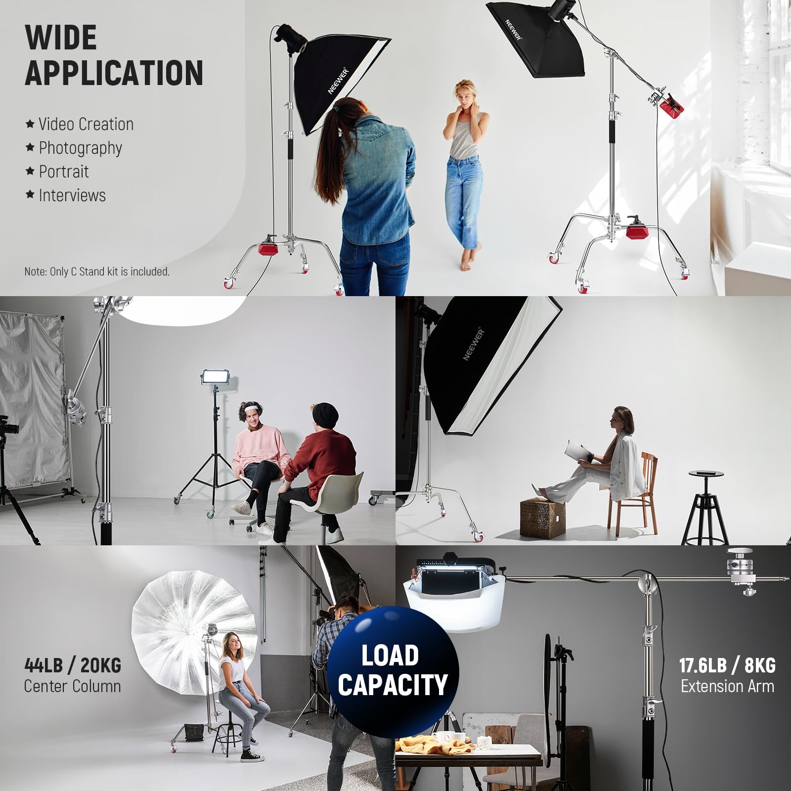 Neewer C Stand With Boom Arm Pro 100% Stainless Steel, Max Height 10.8Ft/330Cm Air Cushion Heavy Duty Photography Light Stand Wi