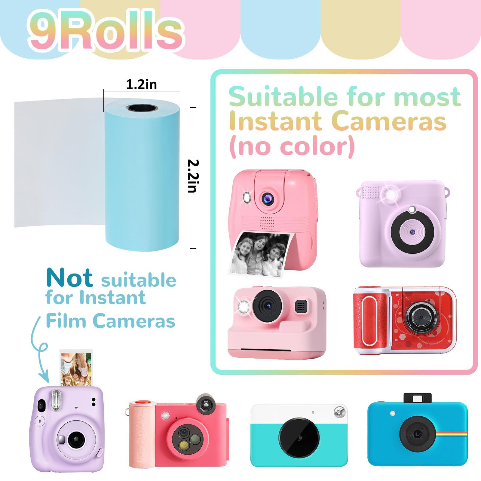 9 Rolls Kids Instant Camera Print Refill Paper  Photo Printer Thermal Paper Rolls Instant Print Camera Refill Paper For Kid'S In