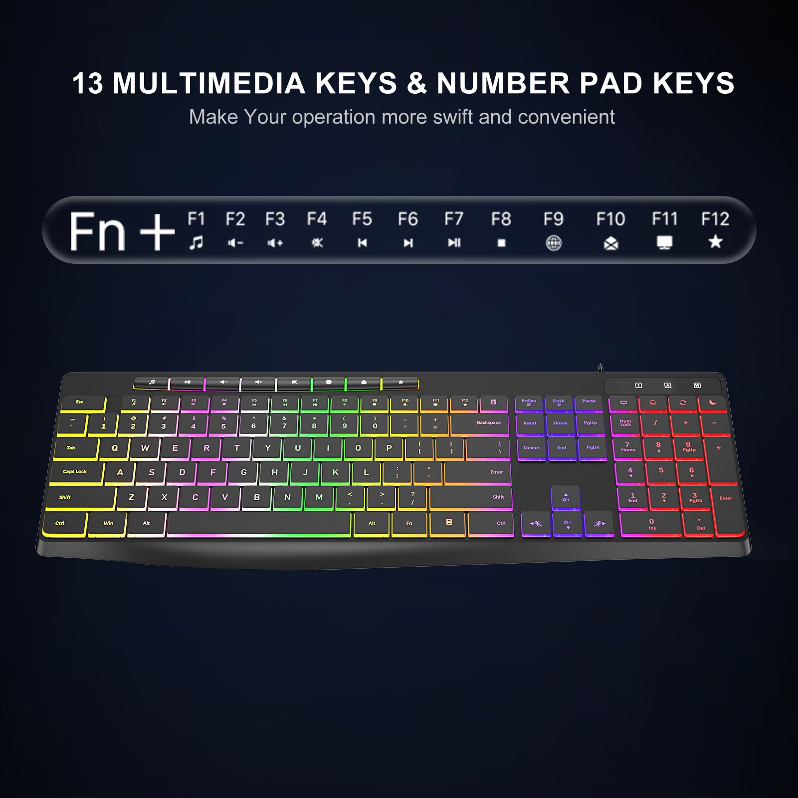 Computer Keyboard Wired,7 Color Rainbow Led Backlit, Quiet Light Up Keyboard With Multimedia Keys,Low Profile Chiclet Keys,Large
