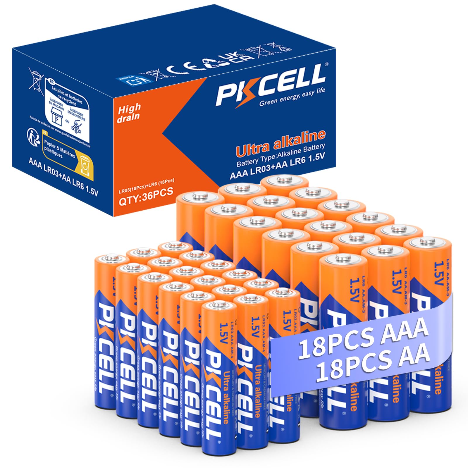 PKCELL AA AAA Batteries Combo Pack 36 Count - 18 Double A Batteries and 18 Triple A Batteries, 1.5V High-Performance Alkaline Ba