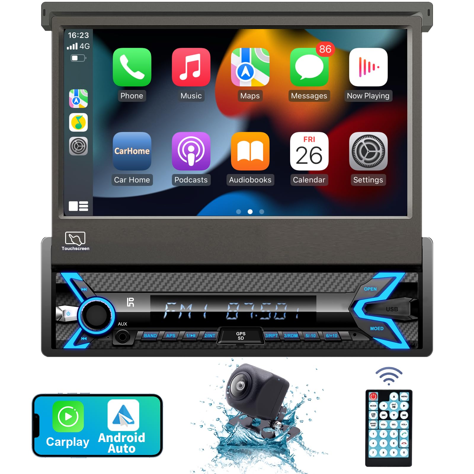 (Motorized) Single Din Car Stereo Compatible With Apple Carplay & Android Auto 7 Inch Flip Out Touchscreen Car Stereo With Bluet