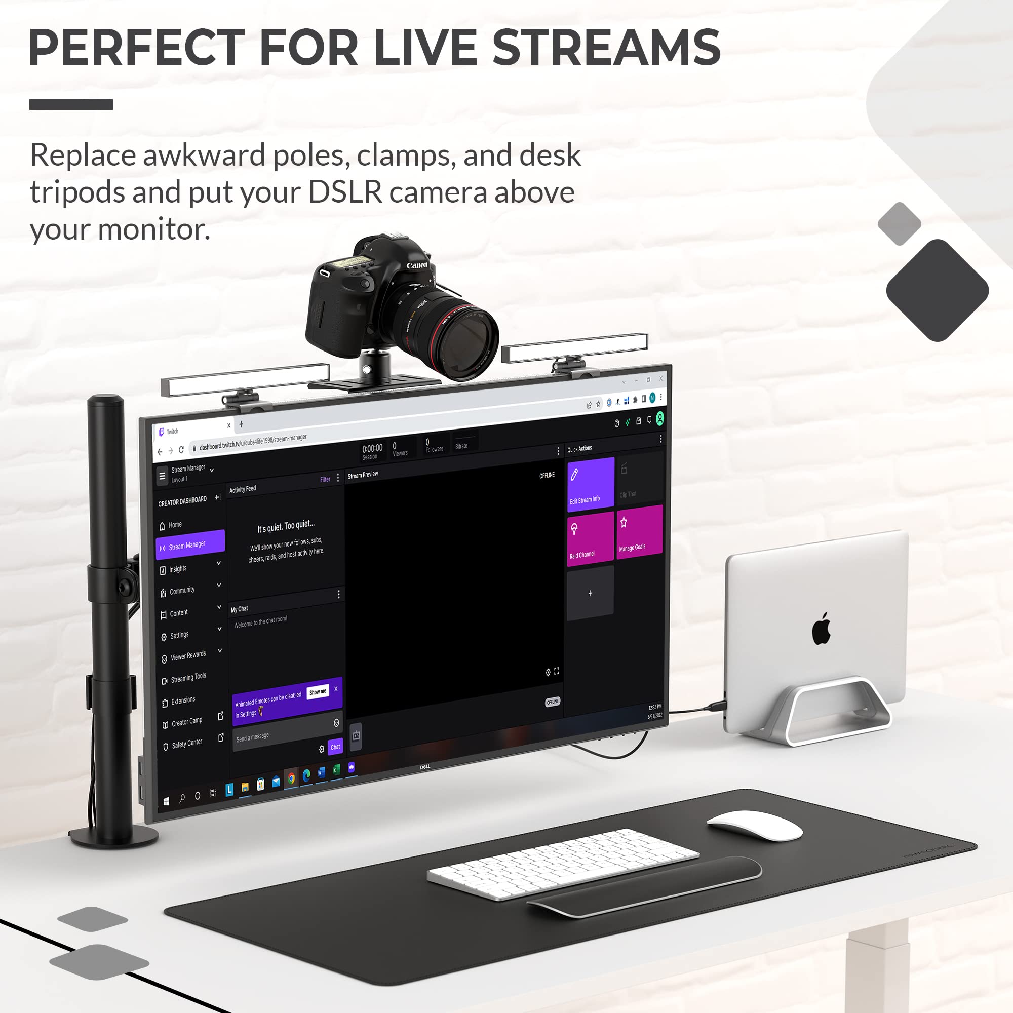HumanCentric DSLR Monitor Mount - Small Aluminum Shelf for Desk, Black, Model 101-2096, Ideal for Camera, Webcam, and Microphone Use