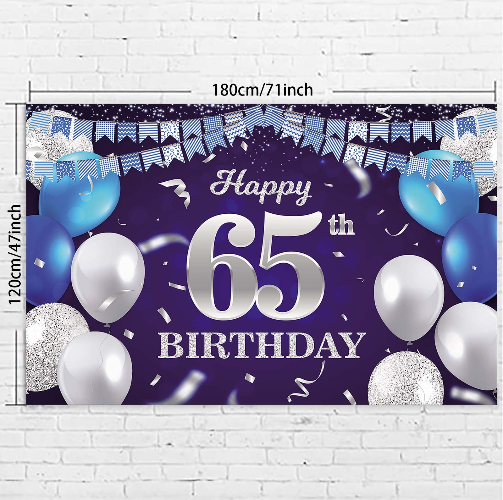 Happy 65Th Birthday Banner Backdrop Navy Blue Balloons Confetti Stripe Flag Light Spots Cheers To 65 Years Old Theme Decorations