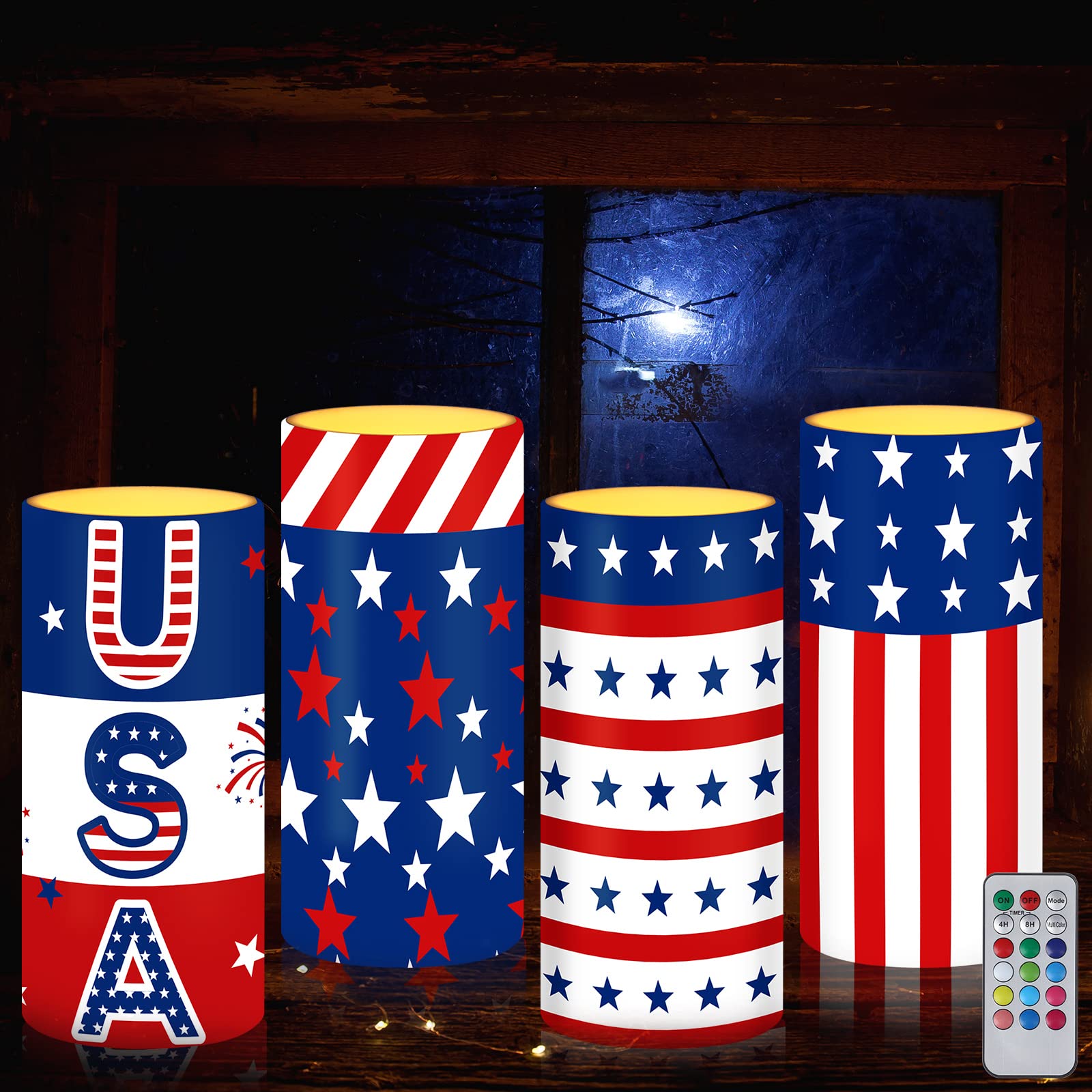 Tiamon American Flag LED Candles 4th of July Flameless Independence Day Battery Operated USA Stars Patriotic Candles with 18-Key
