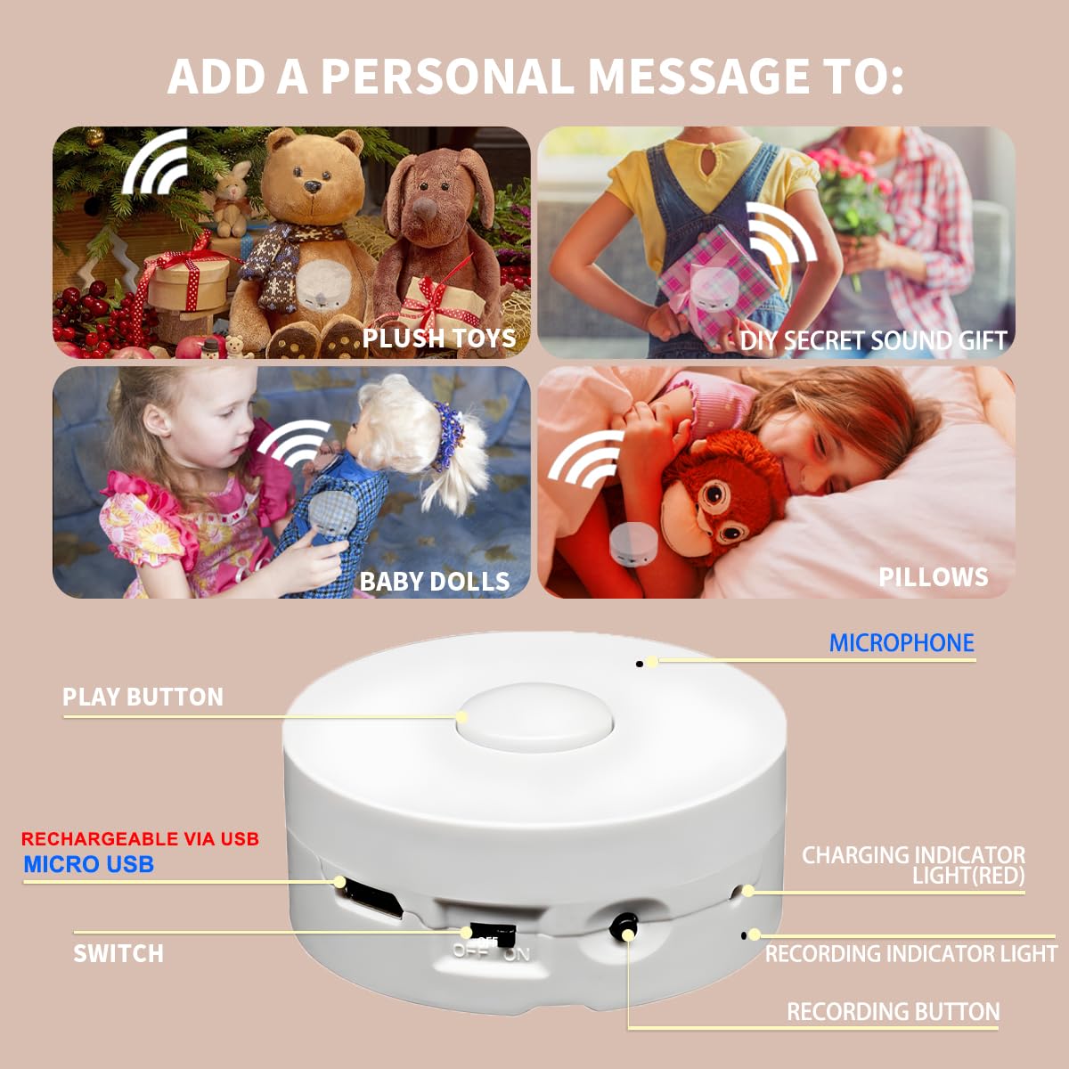 Xlw 195 Seconds Message Voice Recorder, Voice Recording Button Record Custom Messages For Plush Toy, Stuffed Bear, Baby Doll Toy