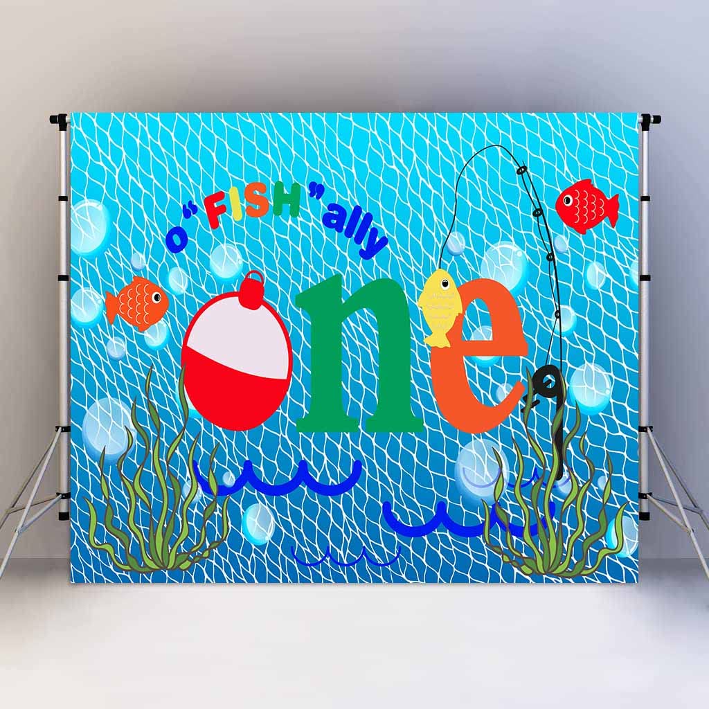 Gone Fishing 1St Birthday Party Photography Backdrop, 7X5Ft, O Fish Ally Blue Fishing Nets Bubbles Background, Photo Booth Studi