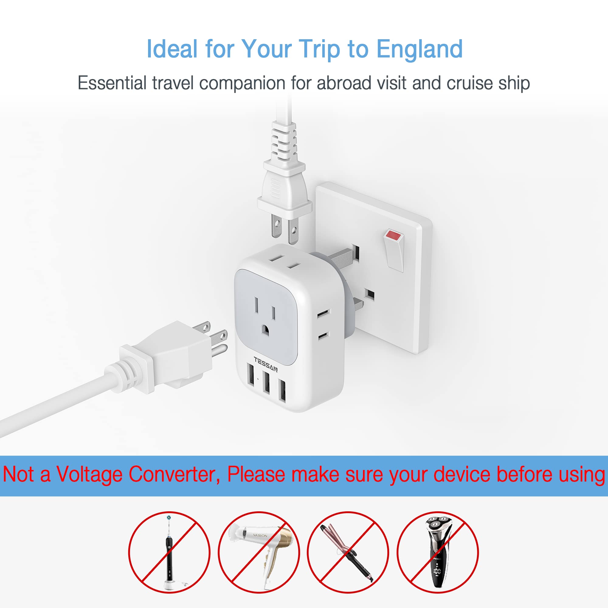 2 Pack Us To Uk Plug Adapter, Tessan Ireland Scotland Type G Power Adaptor, 4 American Outlets 3 Usb, Travel Converter For Usa T