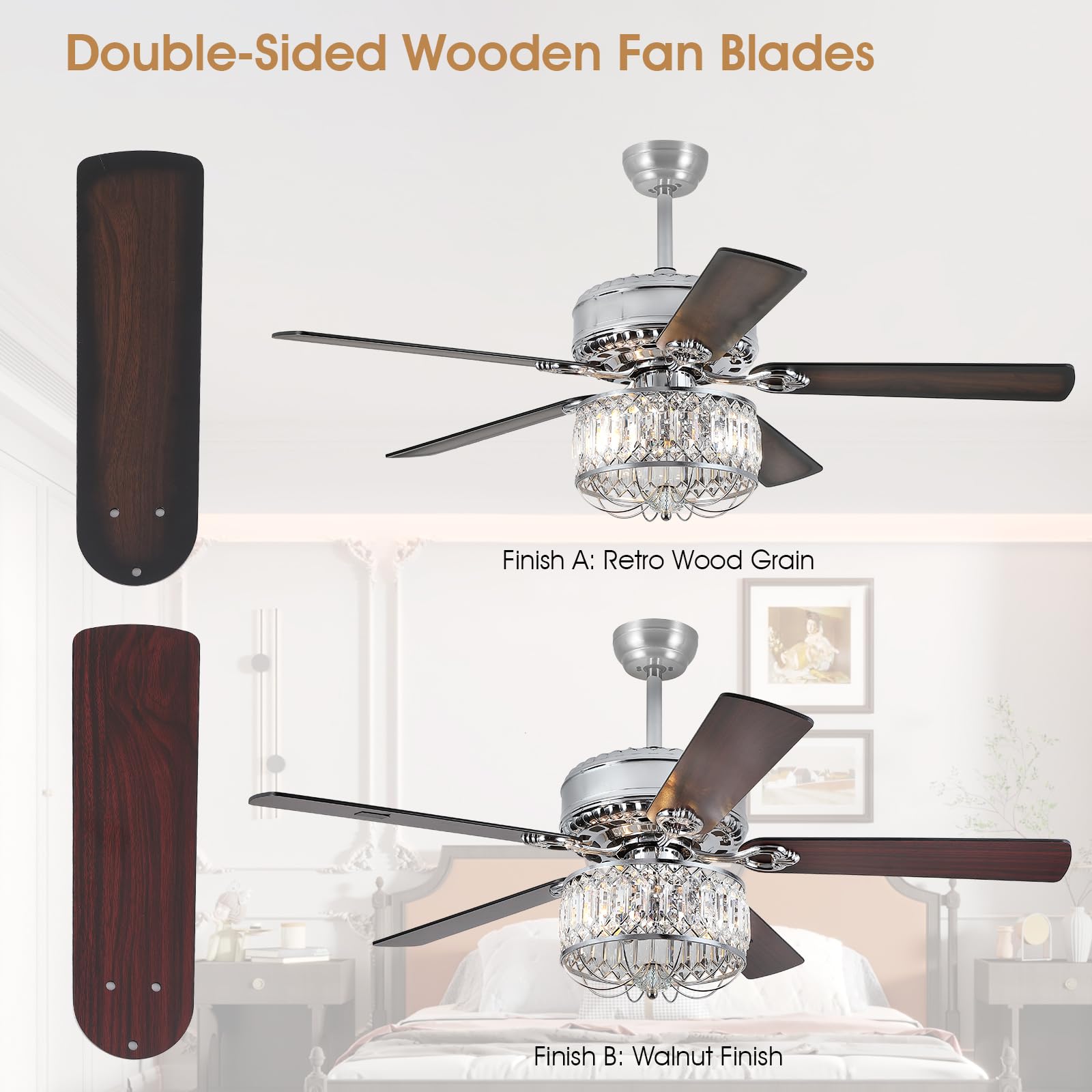 Kviflon Farmhouse Ceiling Fans With Lights And Remote, 52 Inch Indoor Chandelier Ceiling Fan With Light, Crystal Fandelier Ceili