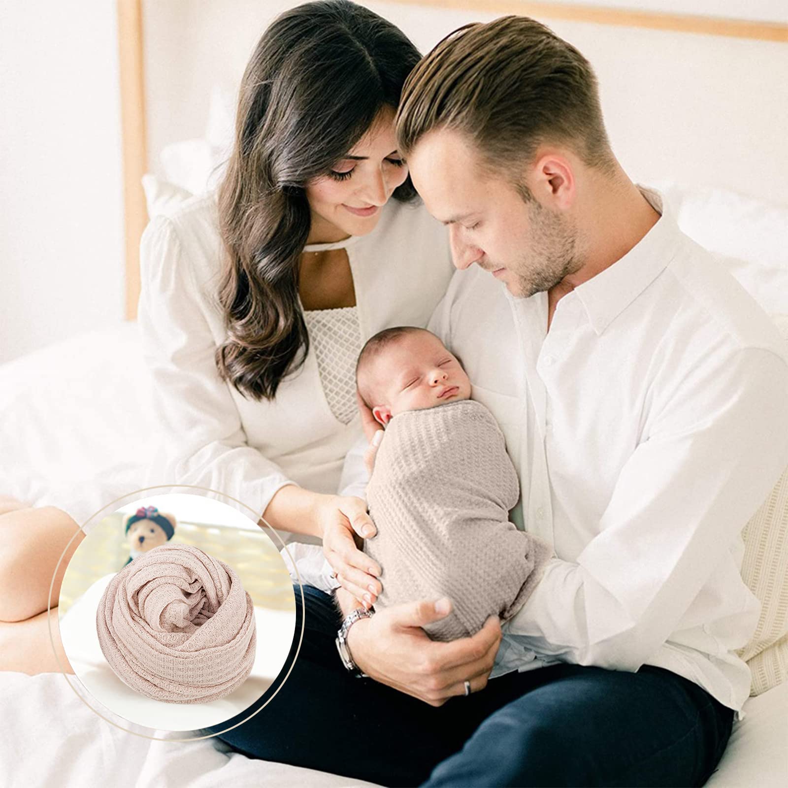 Spokki 3 Pcs Newborn Photography Props Outfits Set, Knitted Blanket For Baby Photo Props, Beige Elastic Wrap For Photoshoot, Flo