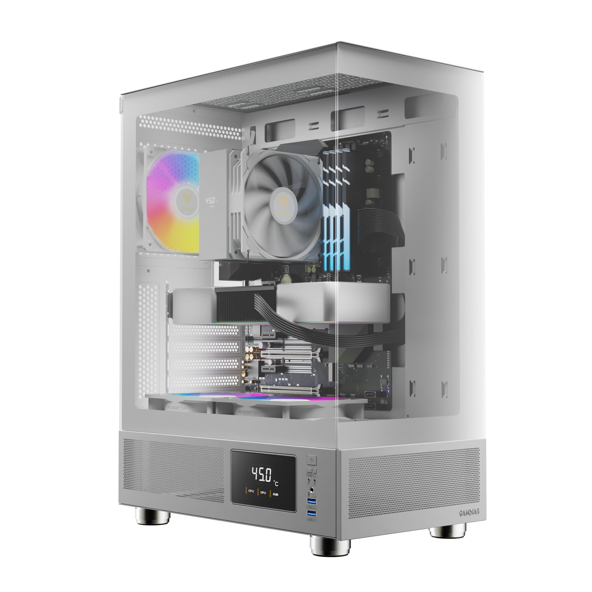 GAMDIAS White ATX Mid Tower Computer Case with Tempered Glass, Gaming PC Case w/Temperature Display & 3X 120mm ARGB Fans, Suppor