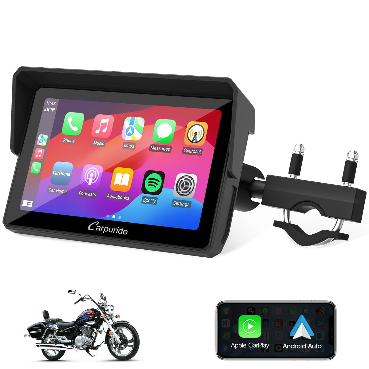 2024 Newest Upgrade Carpuride W502 Portable Wireless Carplay & Android Auto Screen For Motorcycle, Navigation Gps 5 Inch Touch S