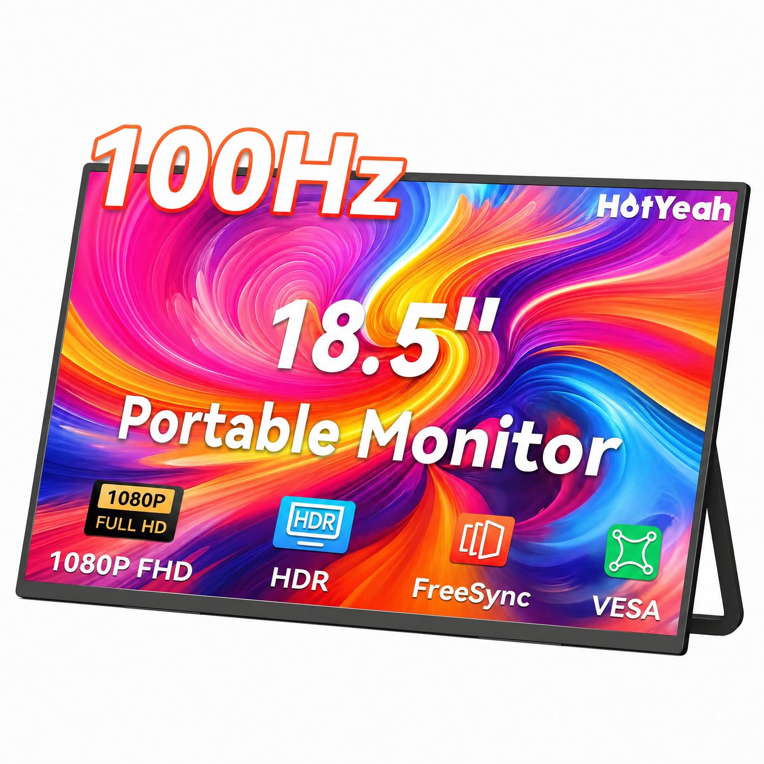 HotYeah Portable Monitor, 18.5 1080P 100Hz 125% sRGB Laptop Monitor USB-C HDMI External Computer Display HDR FreeSync w/Kickstan