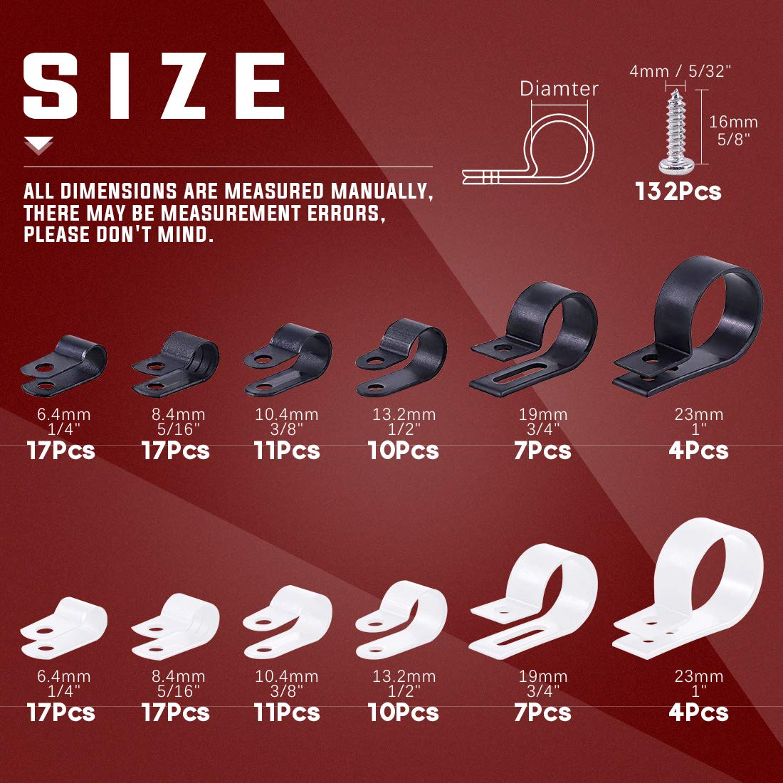 Hilitchi 132 Pcs 6 Sizes Black And White Plastic Cable Clamp R Type Screw Mounting Cord Fastener Cable Clips Assortment Kit With