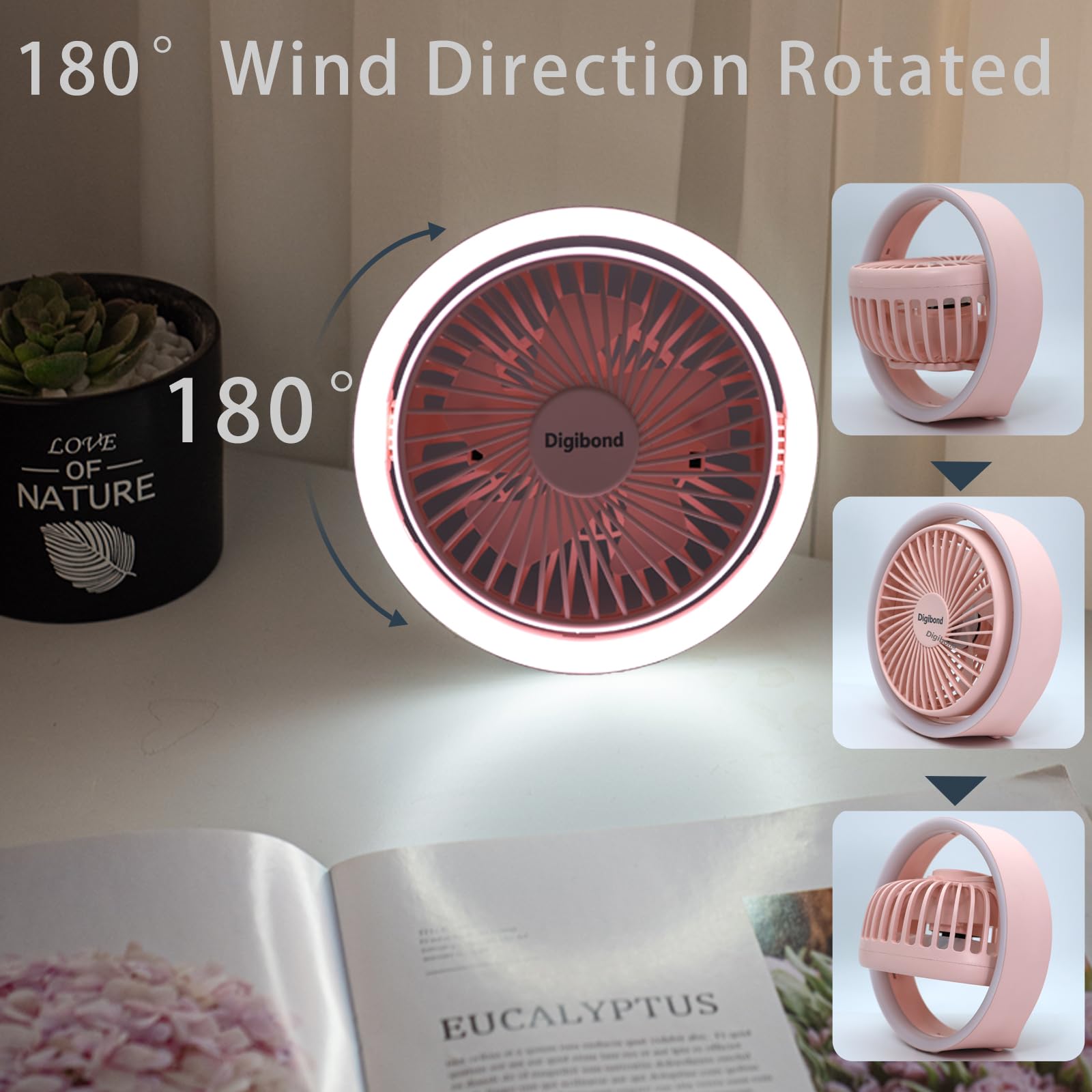 Digibond Pink Desk Fans Small Quiet With Ambient Light/Hook Portable Usb Fan 5.3In High Power 3000Mah Rechargeable Battery Opera