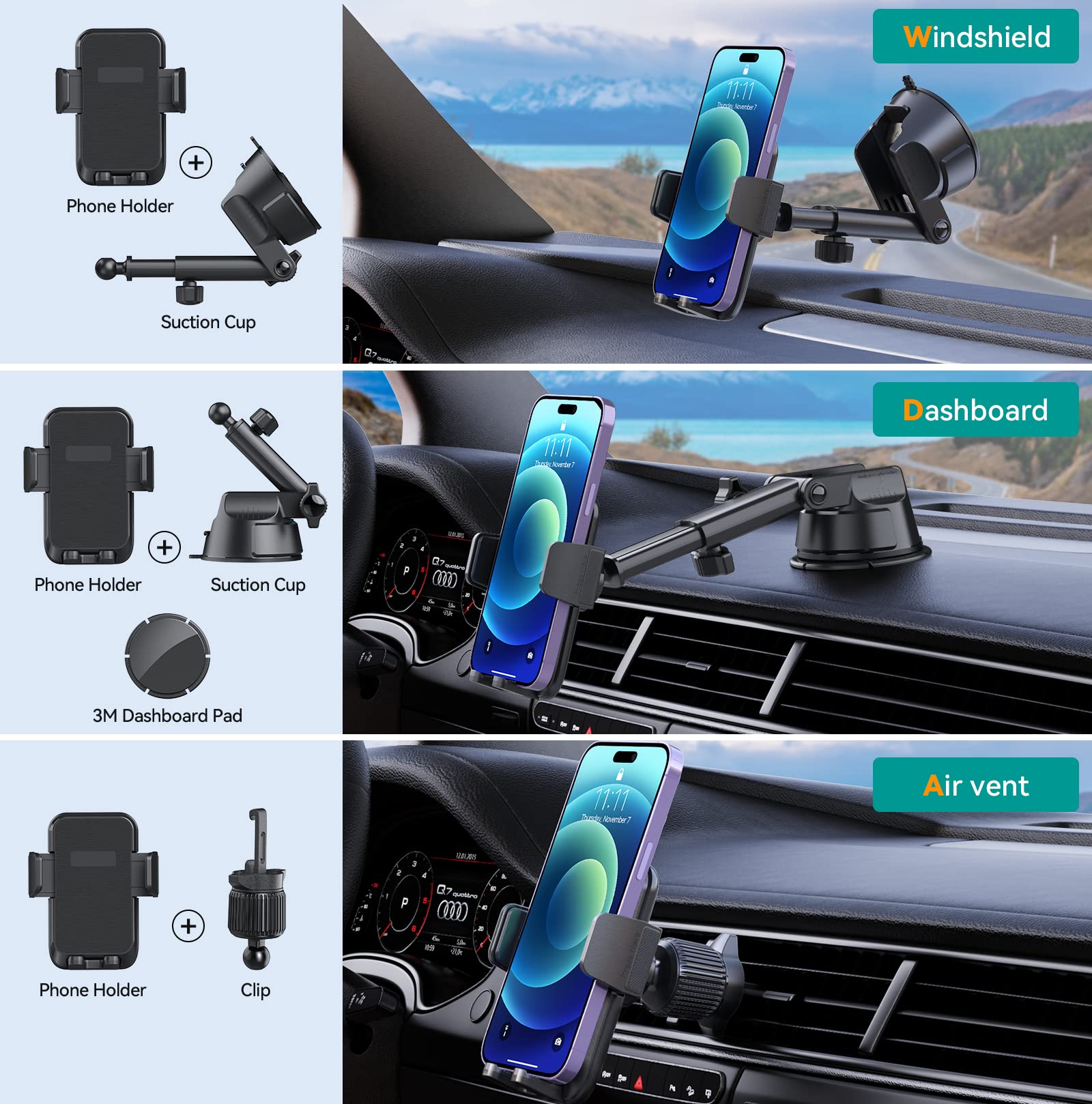 Dolyofg Car Phone Holder Mount, [Military Grade Suction & Super Sturdy Base] 3 In 1 Universal Phone Mount For Car Dashboard Wind