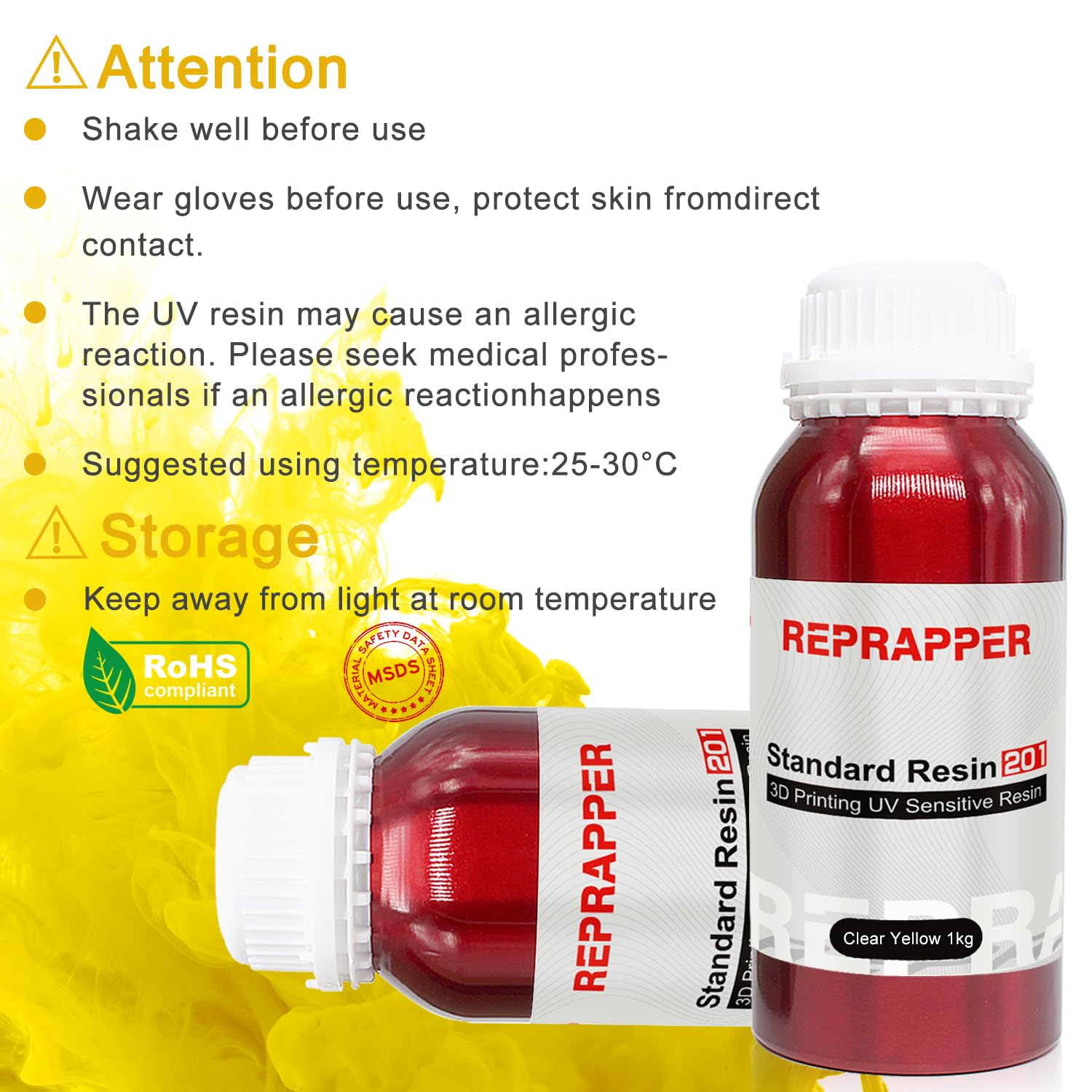 Reprapper Translucent Yellow 3D Printer Resin, 405Nm Fast Uv Curing 1Kg Transparent Yellow Standard Resin, 3D Printing Resin Pho