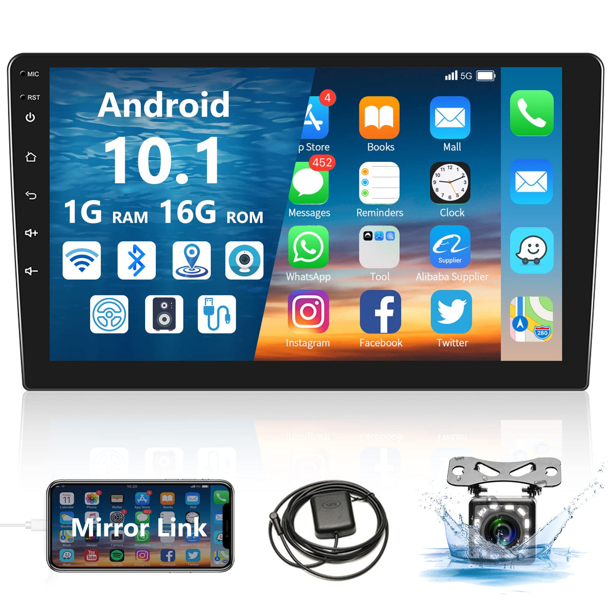 Podofo Android Car Stereo Double Din 10.1 Inch Car Radio 2.5D Hd Touchscreen Head Unit With Bluetooth Gps Support Wifi Fm Radio Dual Usb Mirror Link Swc + Backup Camera