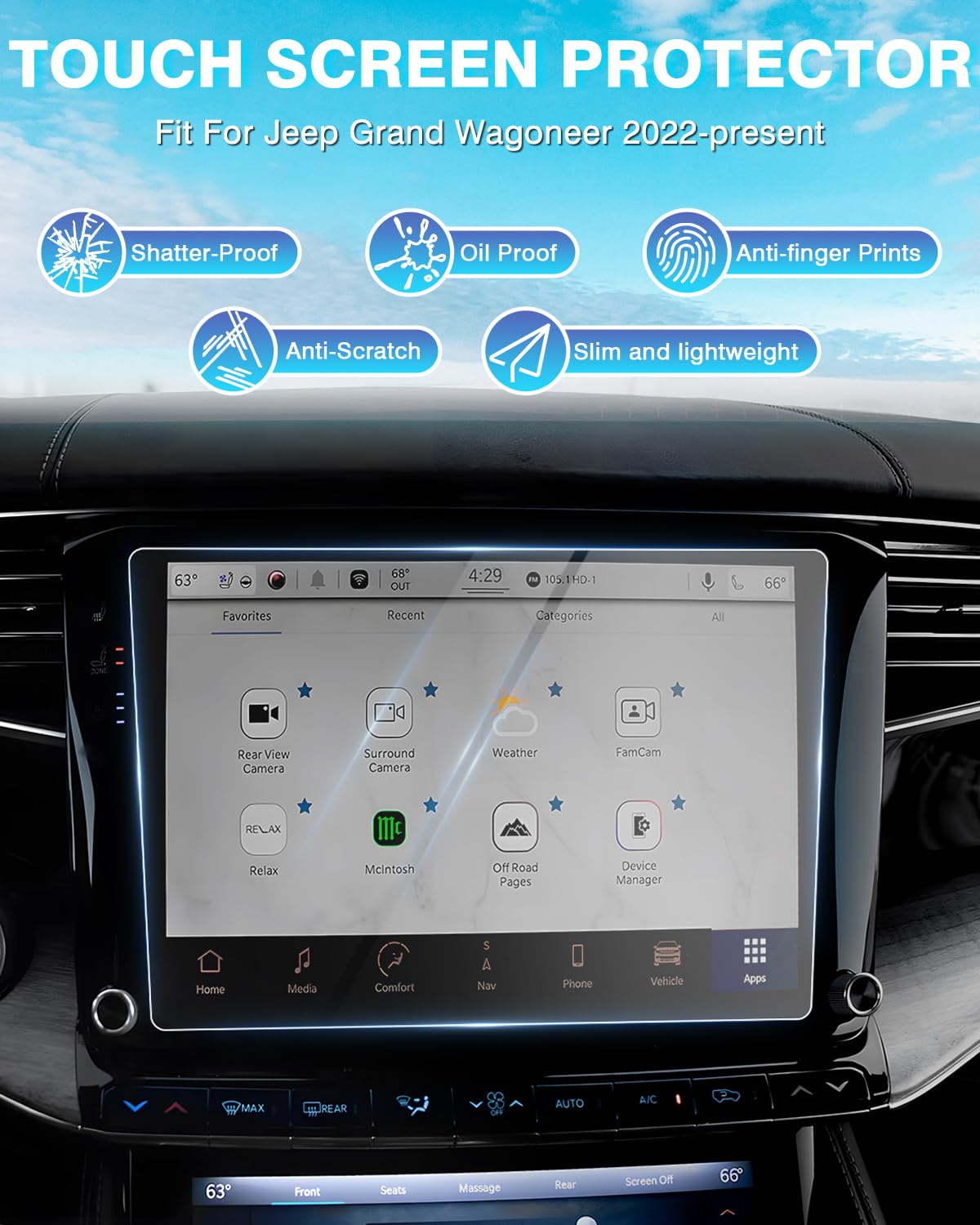 Karltys 2 Pack Tempered Glass Screen Protector For 2022 2024 Jeep Grand Wagoneer, 12 Inch Touch Screen Protector For Grand Wagoneer Accessories, Anti Fingerprint Car Display Screen Cover