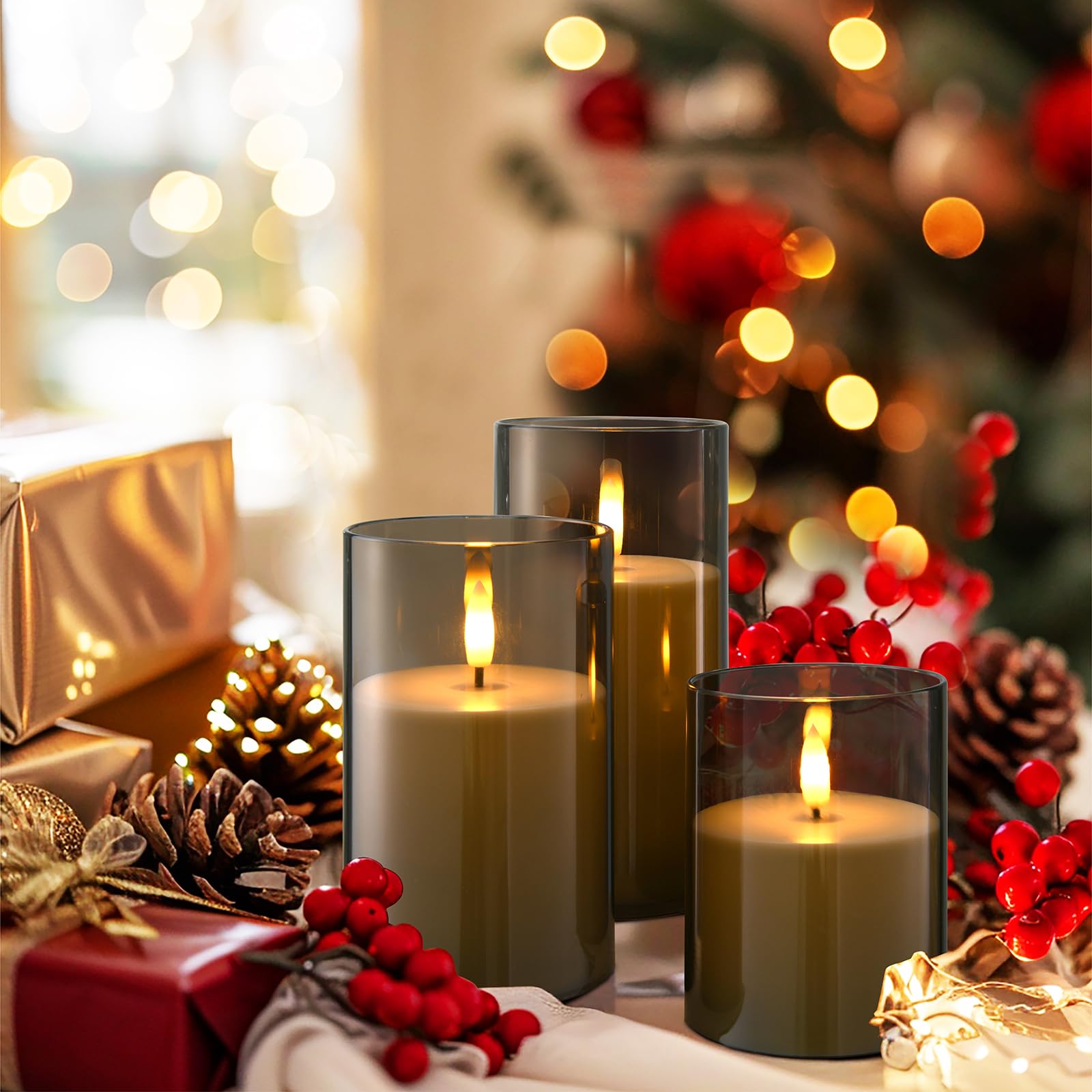 Hausware Set Of 3 Flameless Candles Battery Operated Led Flickering Electric Candles With Realistic 3D Buld And Remote Control T