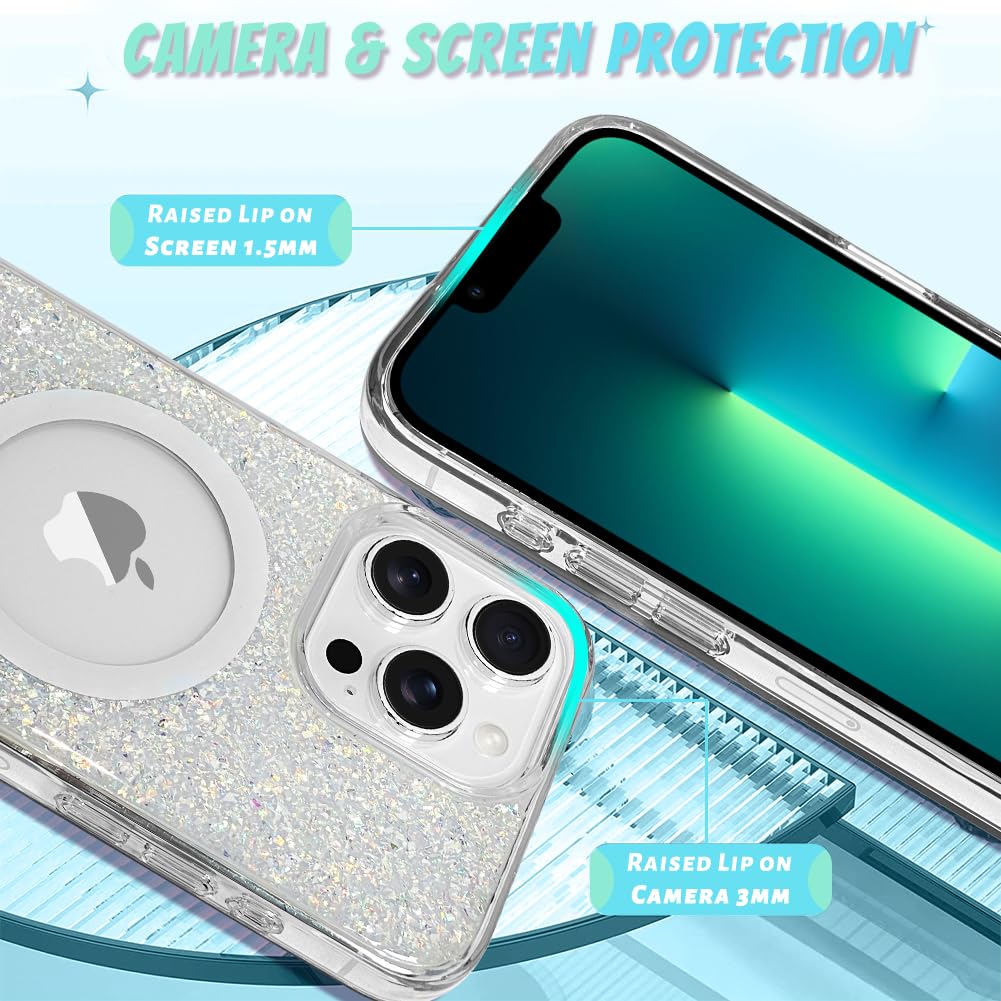 Bonoma For Iphone 13 Pro Case, Sparkly Glitter Bling Back, Magnetic Support For Magsafe Shockproof Case, Crystal And Clear High