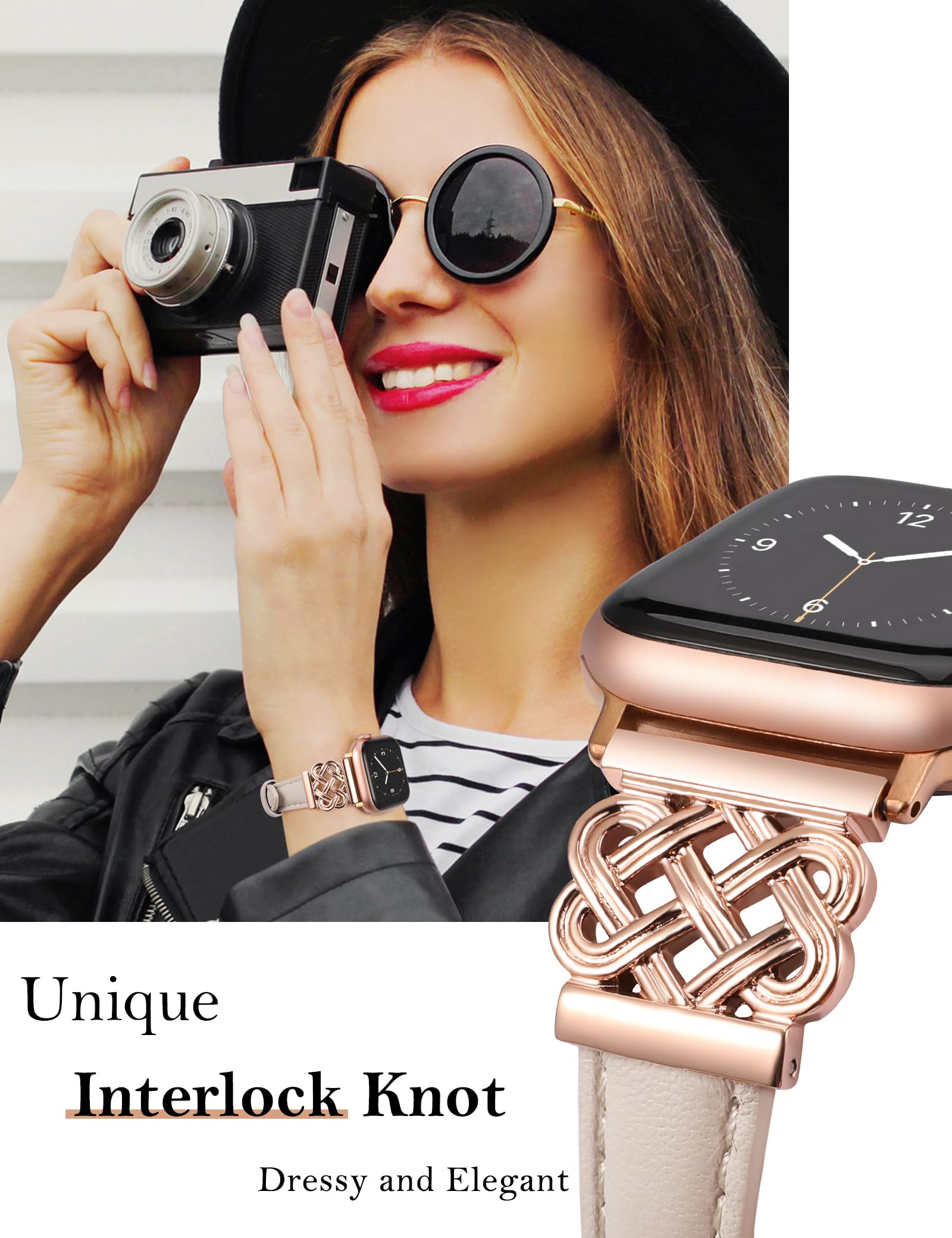 Toyouths Leather Band Compatible With Apple Watch Bands Women 42/44/45/46/49Mm Leather Strap With Designer Dressy Interlock Buck