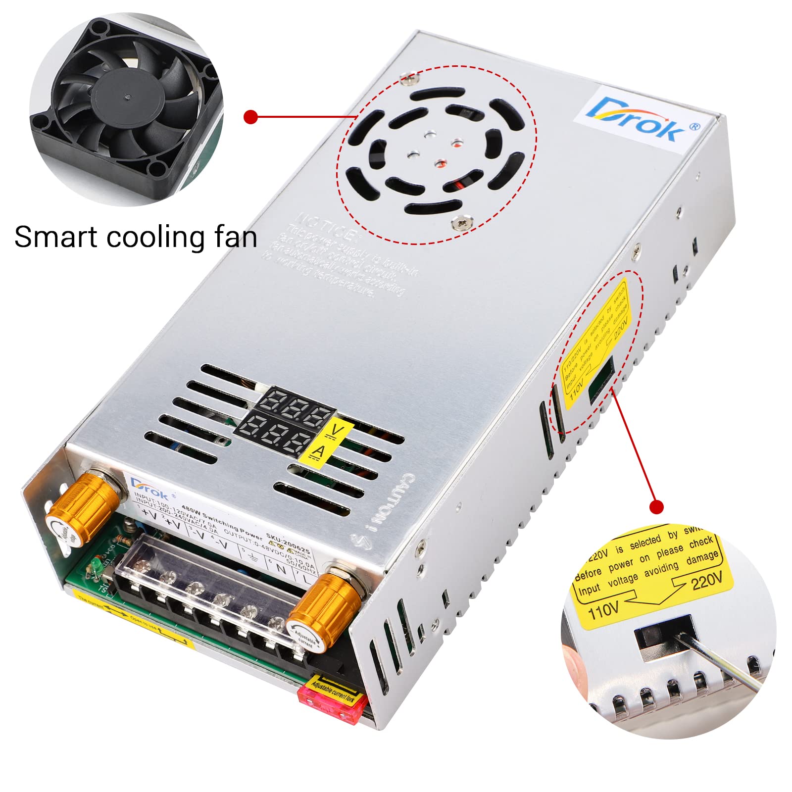 Drok 48V Power Supply, Ac 110V/220V To Dc 0 48V 0 10A 480W Buck Converter, Volt Amp Adjustable Adapter Regulated 5V 12V 24V 30V