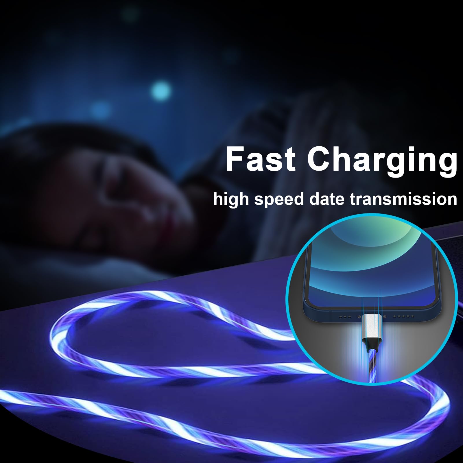 PatDow LED iPhone Charger Cable - MFi Certified, 6 ft, Blue, Copper, Fast Charging for iPhone 14/13/12/11 Pro Max, iPad, iPod