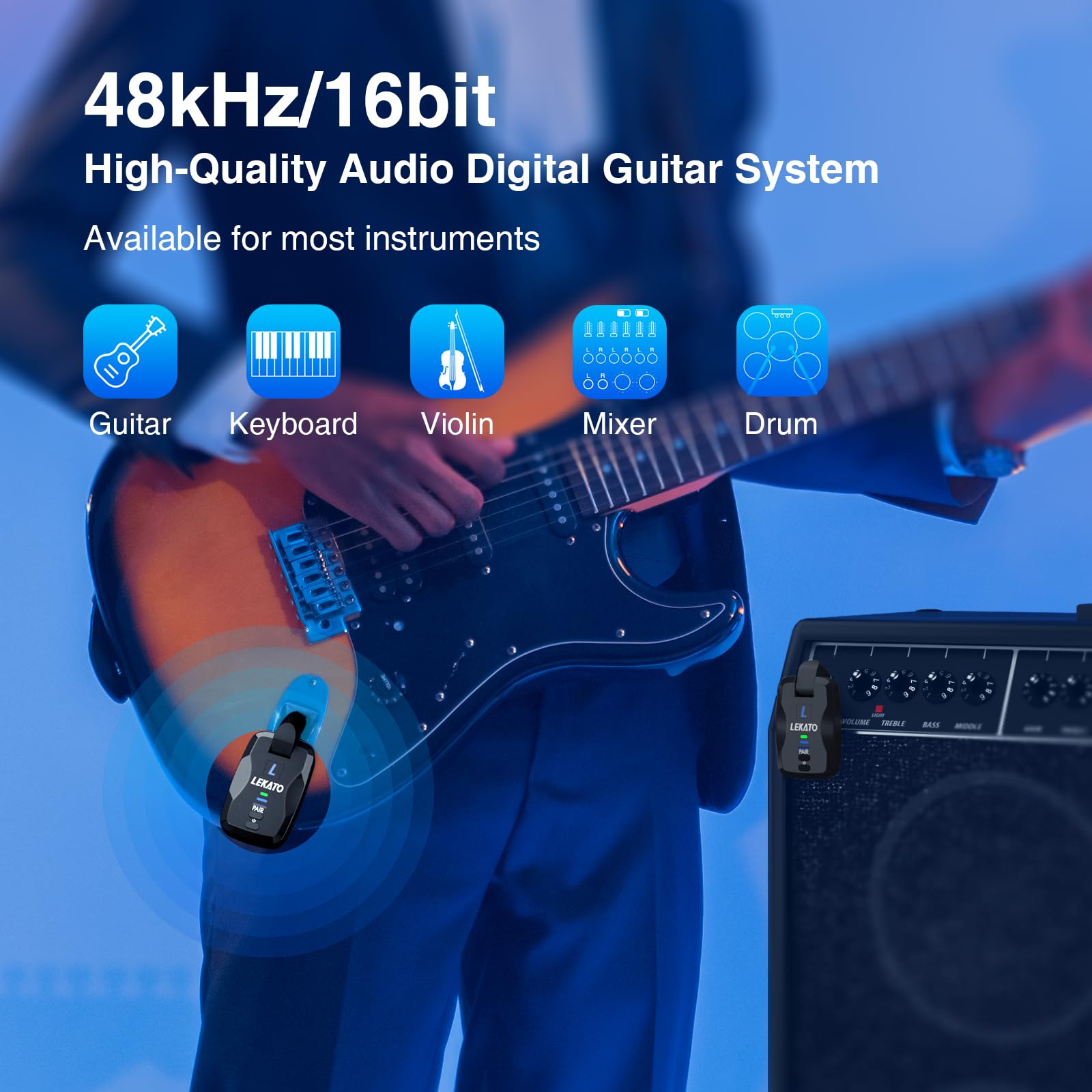 Lekato Bass Guitar Wireless System Exclusive Mute Plug For Electric Guitar Bass, 2.4Ghz Wireless Guitar Transmitter And Receiver