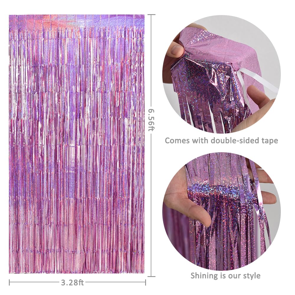 Toniful 3Pcs Laser Light Pink Door Streamers,Laser Pink Photo Booth Backdrop Metallic Streamers Pink Foil Fringe Curtains For Bi