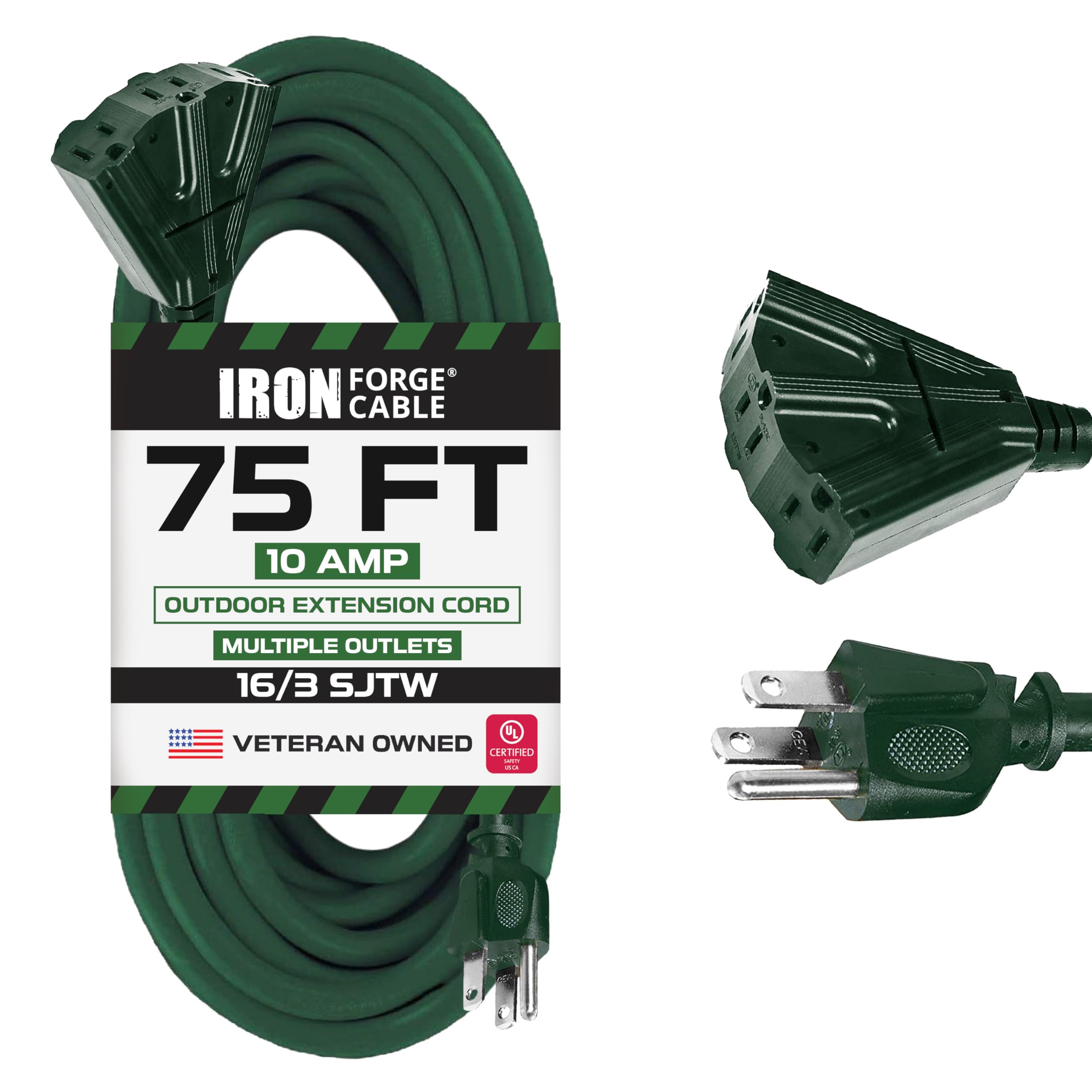 Iron Forge Cable 3 Outlet Outdoor Extension Cord 75 Ft, 16/3 Heavy Duty Green Extension Cord With Multiple Outlets 3 Prong, Weat