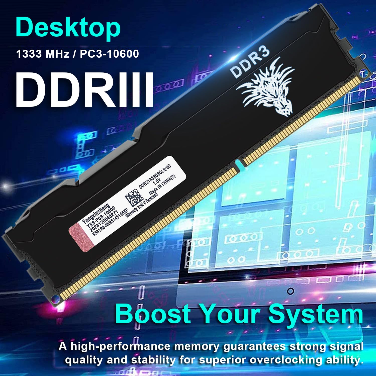 Yongxinsheng 1333Mhz 8Gb Ddr3 Ram Desktop Pc3 10600 Udimm Non Ecc Unbuffered 1.5V 2Rx8 Dual Rank 240 Pin Cl9 Pc Computer Memory