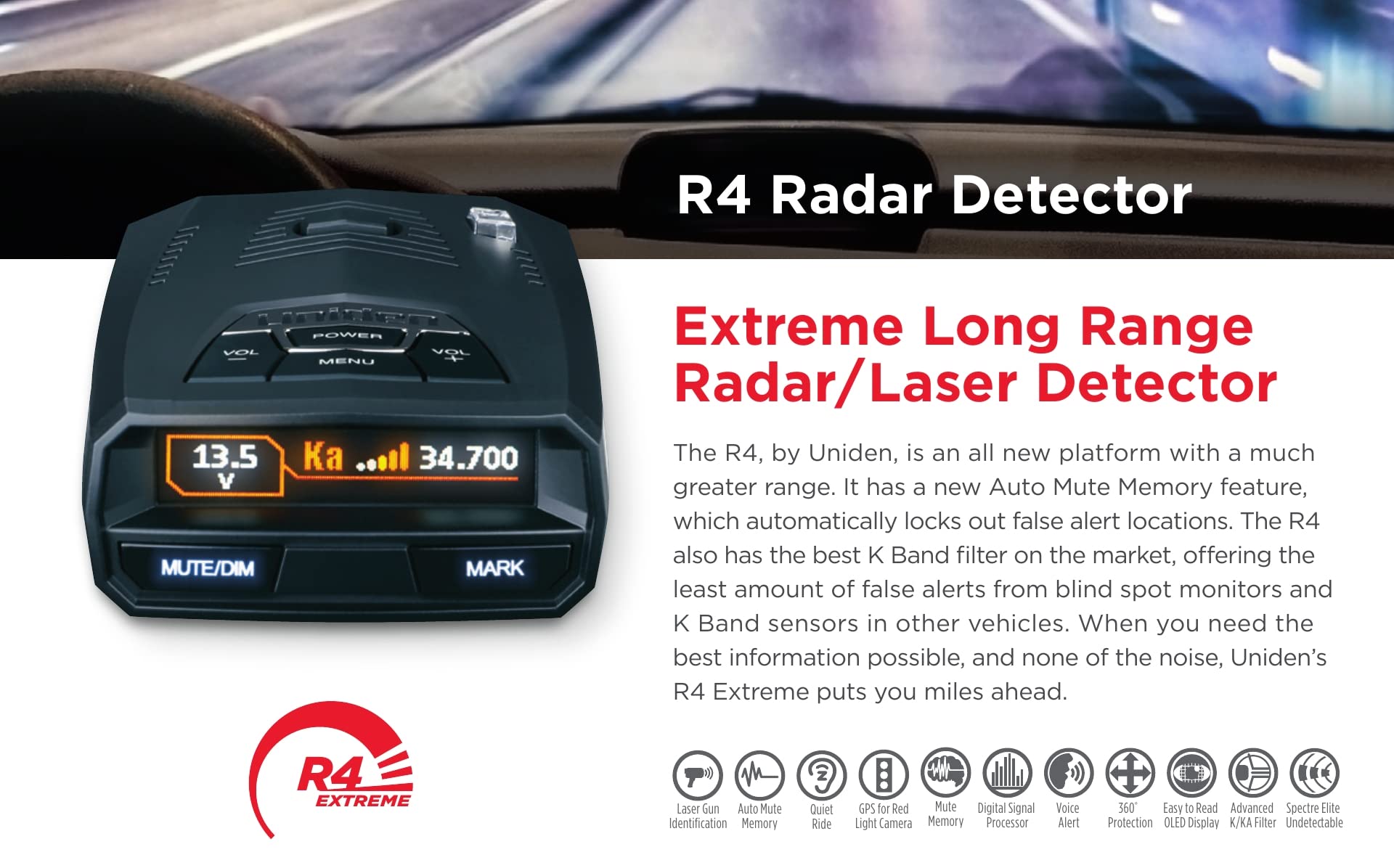 Uniden R4 Extreme Long Range Laser/Radar Detector, Record Shattering Performance, Built In Gps W/Auto Mute Memory, Voice Alerts,