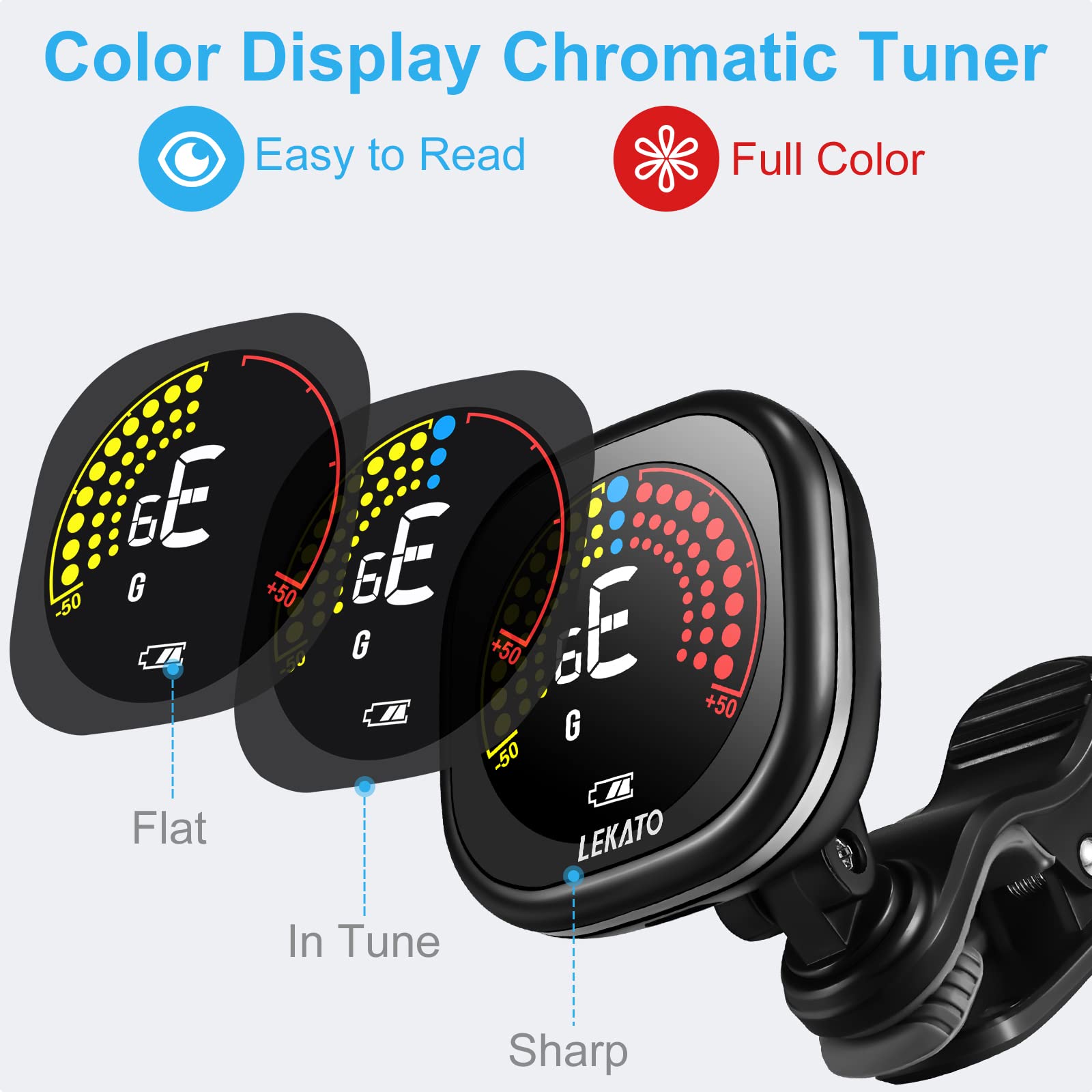 Guitar Tuner Rechargeable, Tuner Clip On For Guitar, Bass, Ukulele,Violin & Chromatic Tuning Modes, Fast Accuratie Tuning, Super