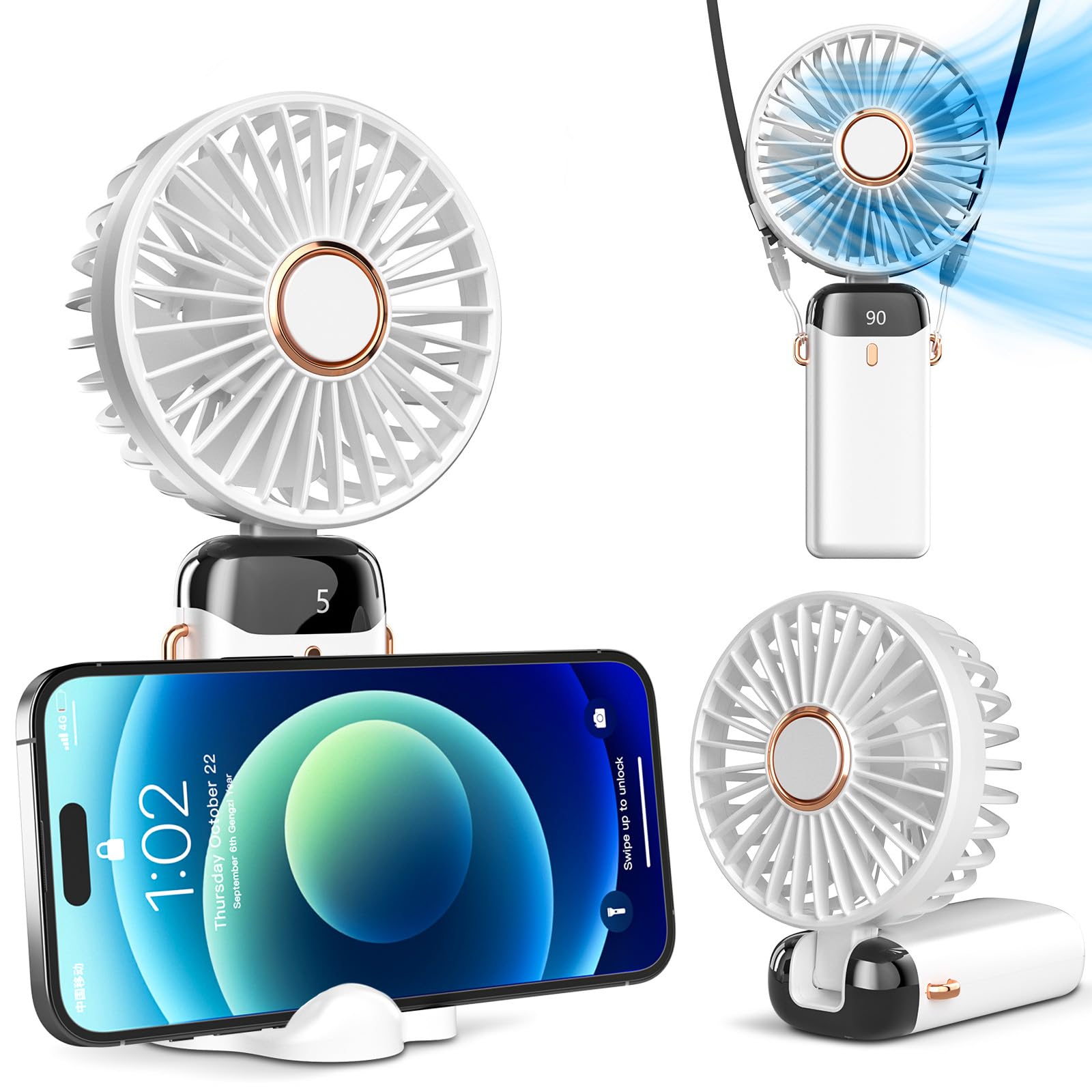 Koonie Portable Handheld Fan, Battery Operated Fan With Base, 8 Hours, Digital Display, 5 Speeds, 90 Ajustable, Rechargeable Min