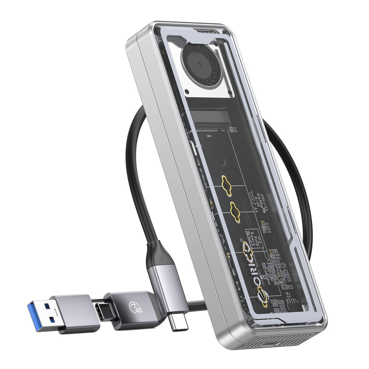 ORICO 40Gbps M.2 NVMe SSD Enclosure with Built in Cooling Fan, Tool Free Installation Aluminum NVMe Case, Support 2230 2242 2260 2280(M Key), Compatible with Thunderbolt 3/4 USB4/3.2/3.1/3.0/2.0