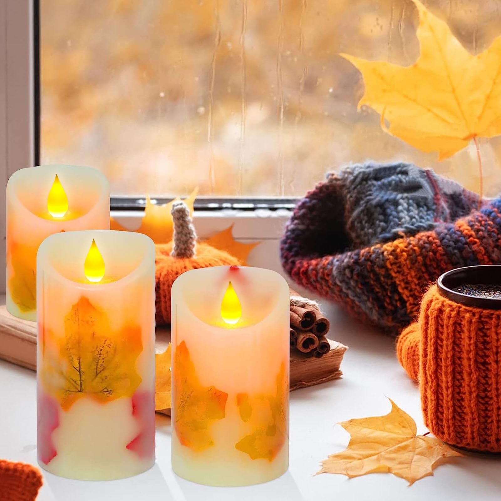 Flameless Candles Lights, Set Of 3 Maple Leaf Flickering Led Candles With Remote & Timer, Dimmable Led Pillar Candles Battery Op