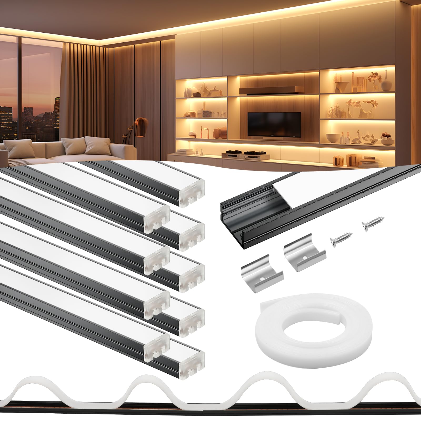 Vst 10Pack 3.3Ft Black U Shape Aluminum Channel With 33Ft White Flexibla Diffuser Cover, Seamlessly Connected Into A Continuous