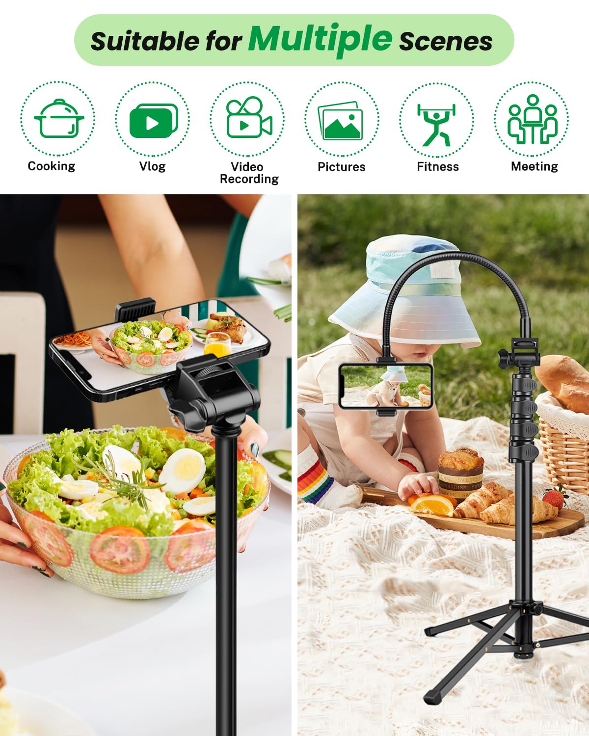 Phone Tripod, 81'' Tall Cell Phone Tripod With Remote, Gooseneck Phone Tripod Stand With Phone Holder, Adjustable Tripod For Iph
