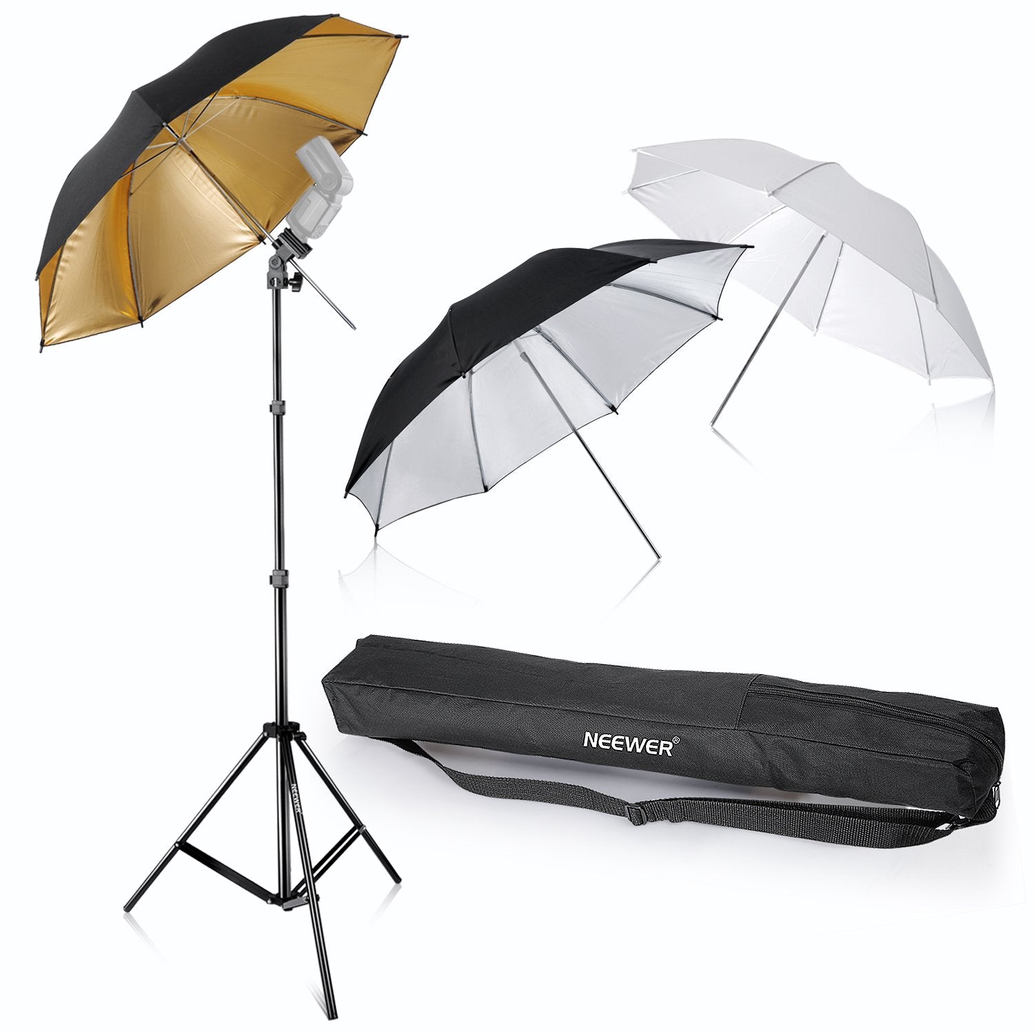 Neewer Flash Mount Three Umbrellas Kit 33''/84Cm White Soft/Silver Reflective/Gold Reflective Umbrella For Canon 430Ex Ii,580Ex