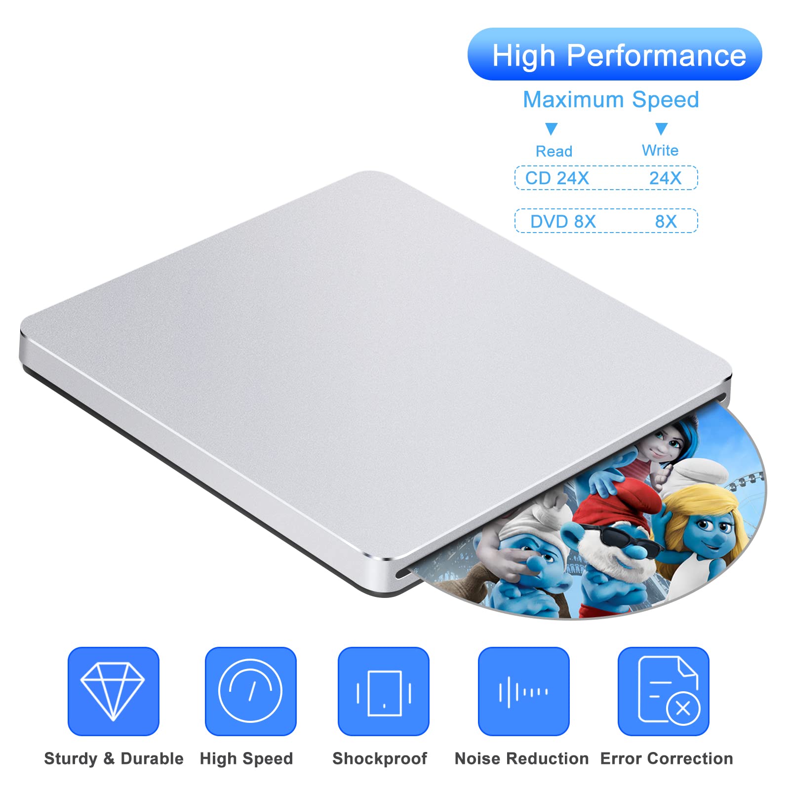 Guamar External Cd Dvd Drive Superdrive For Apple, Aluminum Alloy Slot In Usb Cd/Dvd Burner, Portable Cd Reader Dvd Player Write
