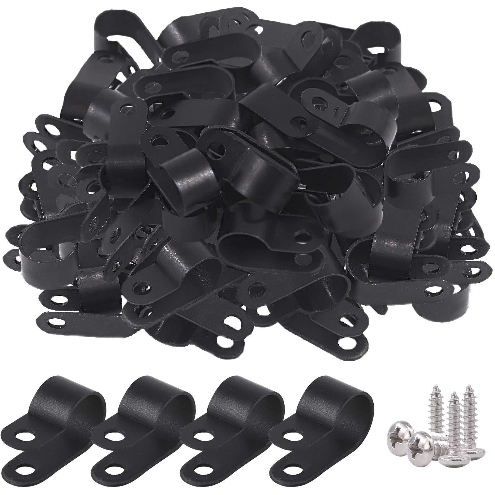 Glarks 120Pcs 1/2 Inch Black Nylon Screw Mounting R Type Cable Clip Wire Clamp With 120Pcs Screws For Wire, Cable, Conduit And C