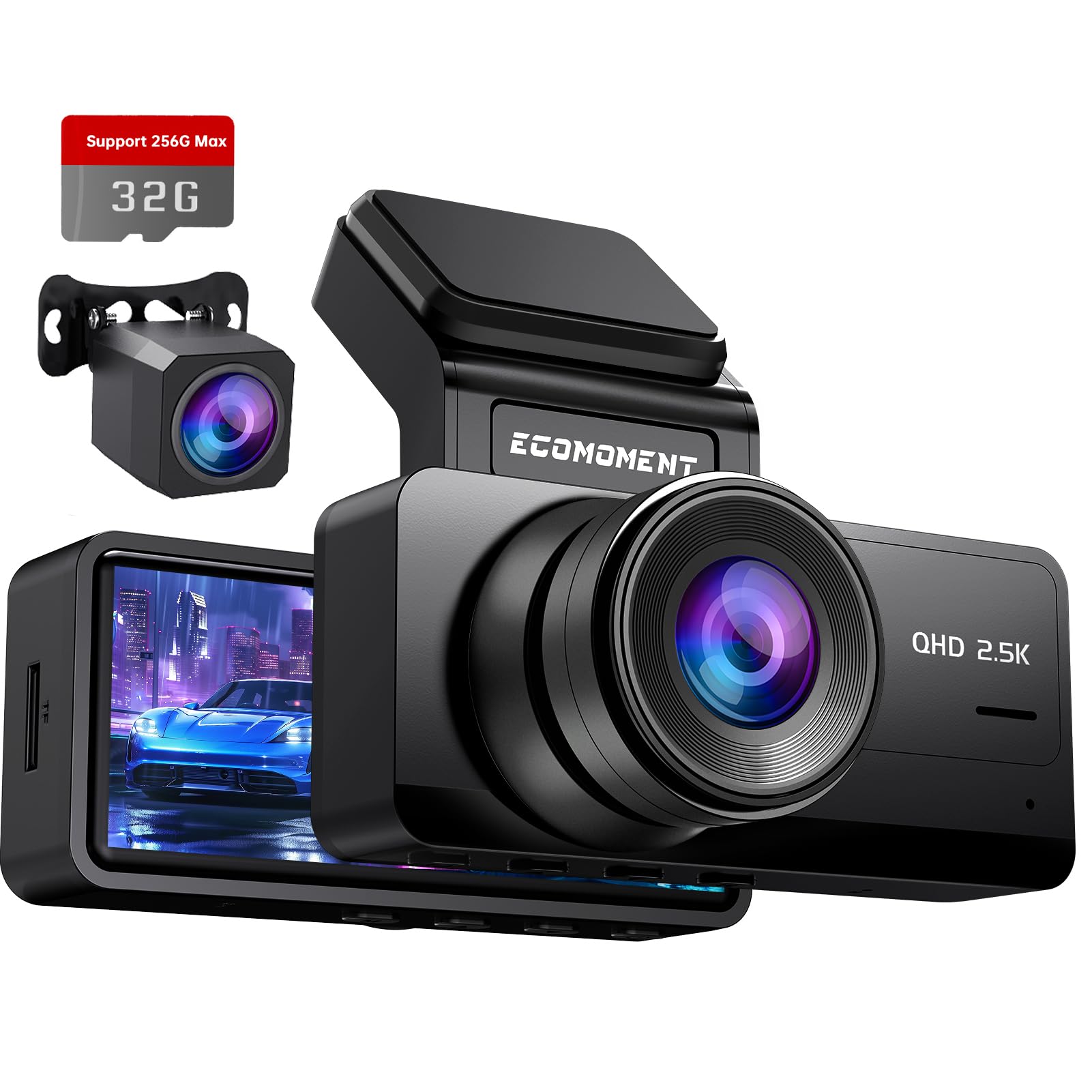 Dash Cam Front And Rear: 2.5K+1080P Dual Dash Camera For Cars, Ecomoment S70 Car Camer With 3.16'' Ips Screen, 170 Wide Angle, N