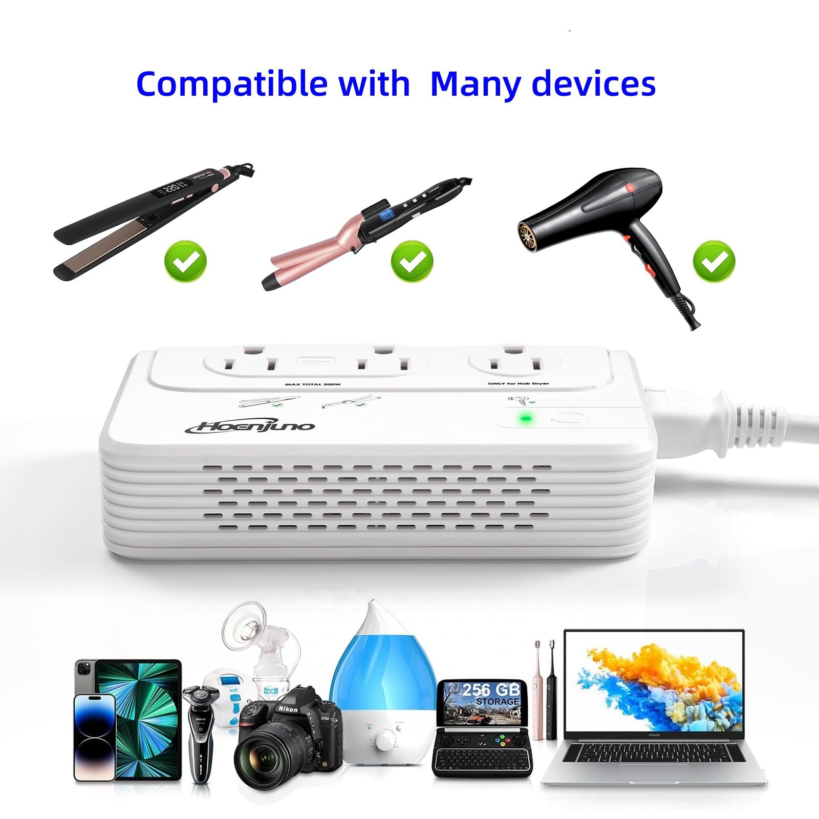 Hoenjuno 2000W Universal Travel Adapter For Hair Dryer & 200W Voltage Converter 220V To 110V For Curling Iron, Straightener With