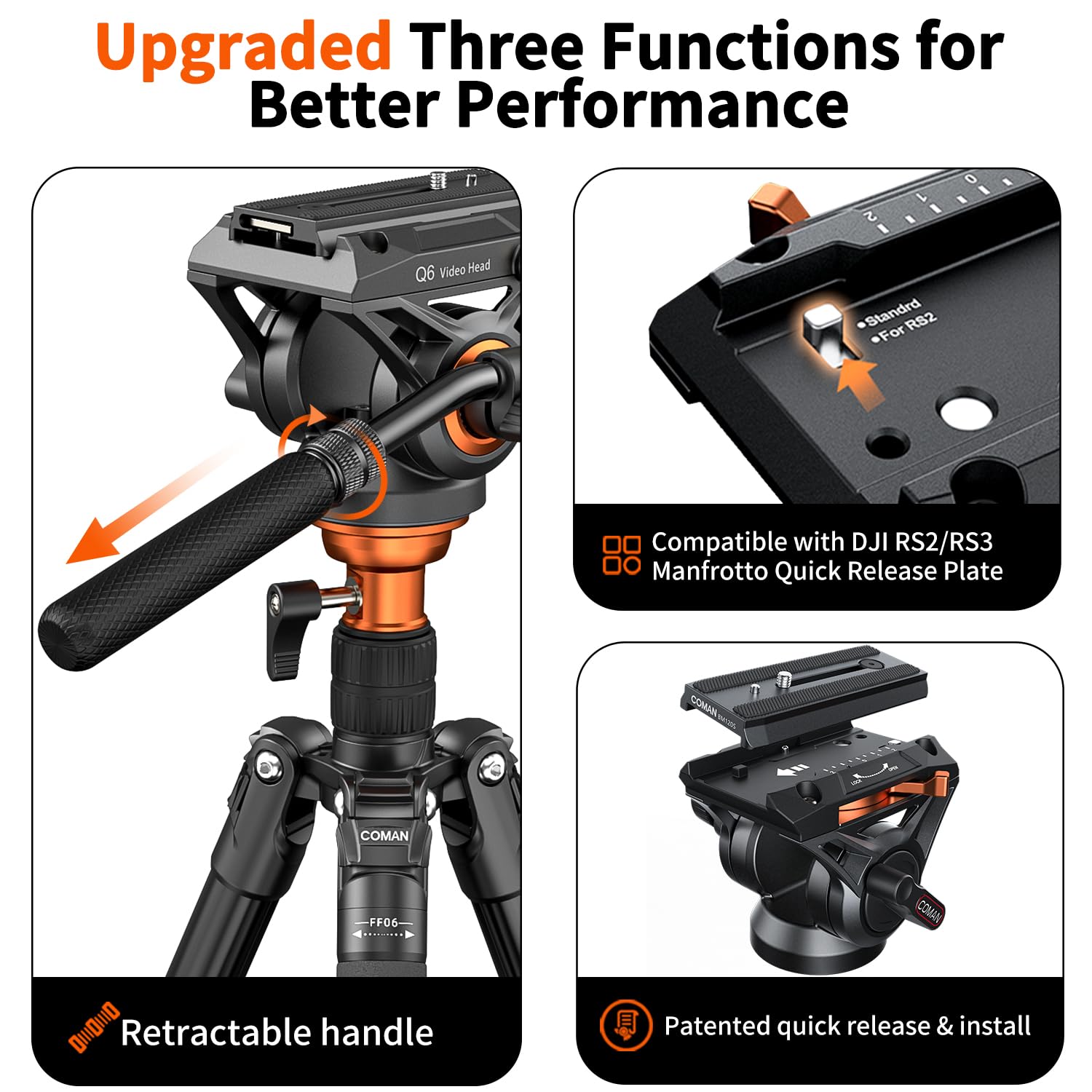 Fluid Head Tripod, Coman Video Camera Tripod Monopod Aluminium Alloy 70.8 Inch Detachable And Quick Release Plate For Dji Canon