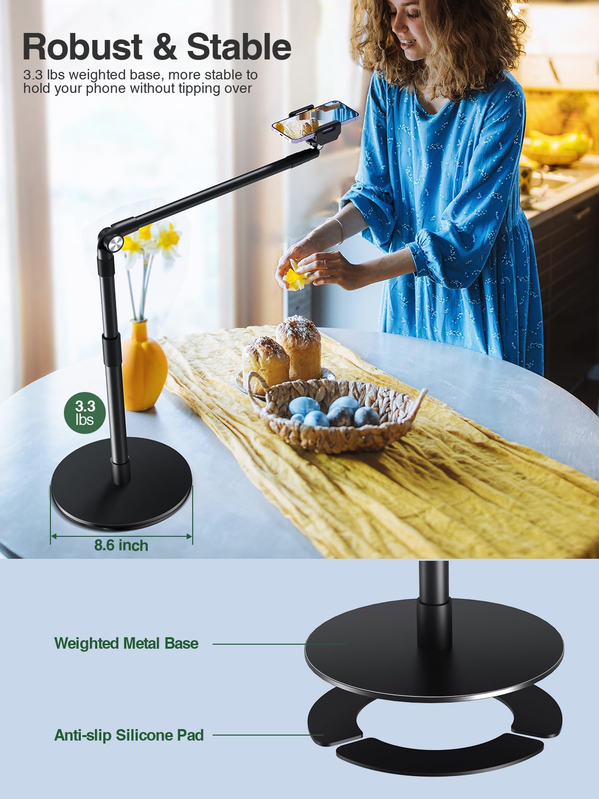 elitehood Heavy Duty Aluminum Overhead Phone Stand, 15" Long Arm, 360? Swivel, Black, Model DP1, Ideal for Filming and Crafting