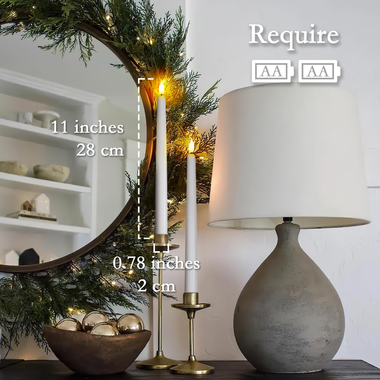 Homemory 12 Pcs Flameless Taper Candles With Remote Timer Dimmer, 11 Inches White Led Taper Candles, Plastic Battery Operated Ca