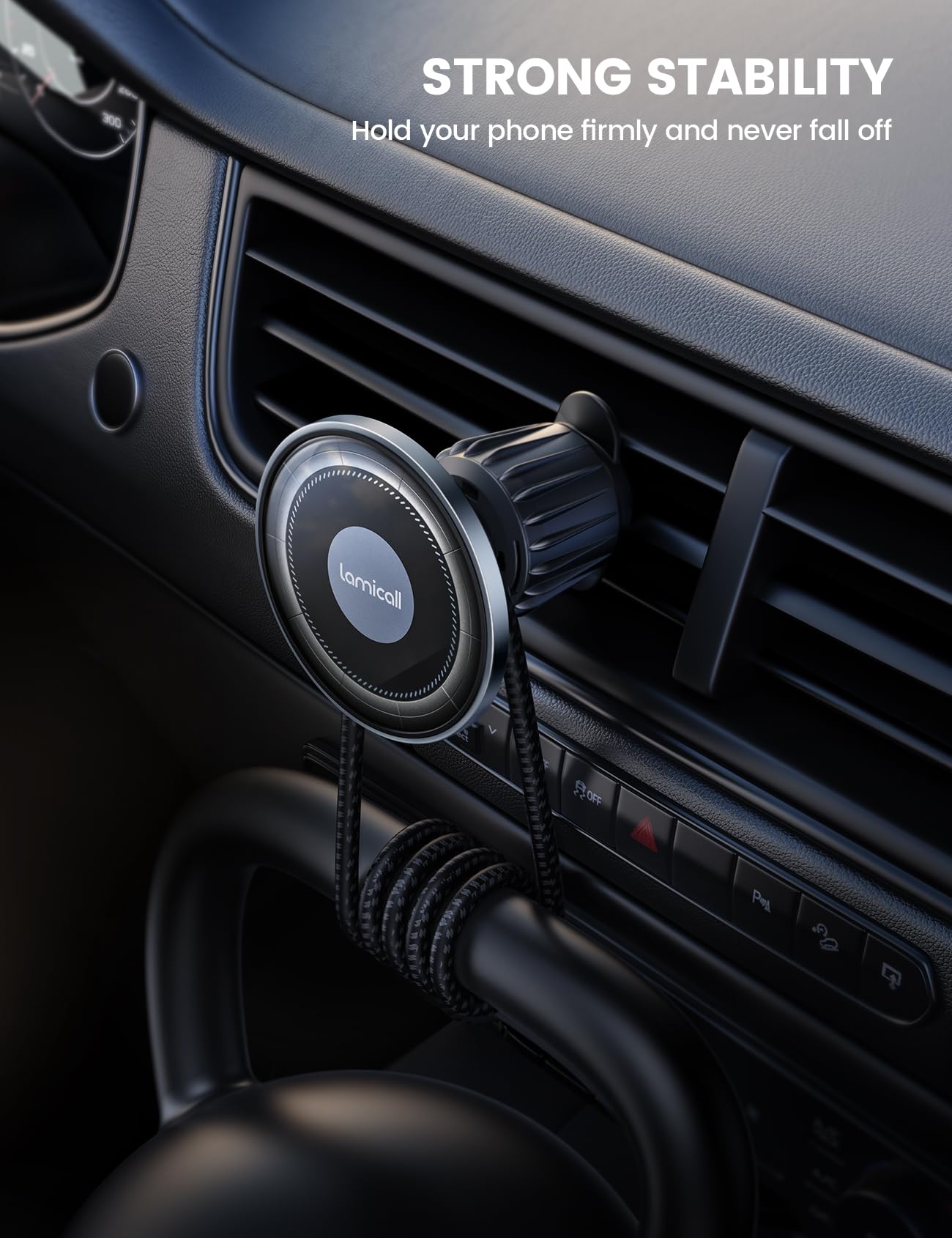 Lamicall For Magsafe Car Mount - [20X Strong Magnets] [Metal Hook] Magnetic Phone Holders For Your Car - 360 Rotation Car Phone