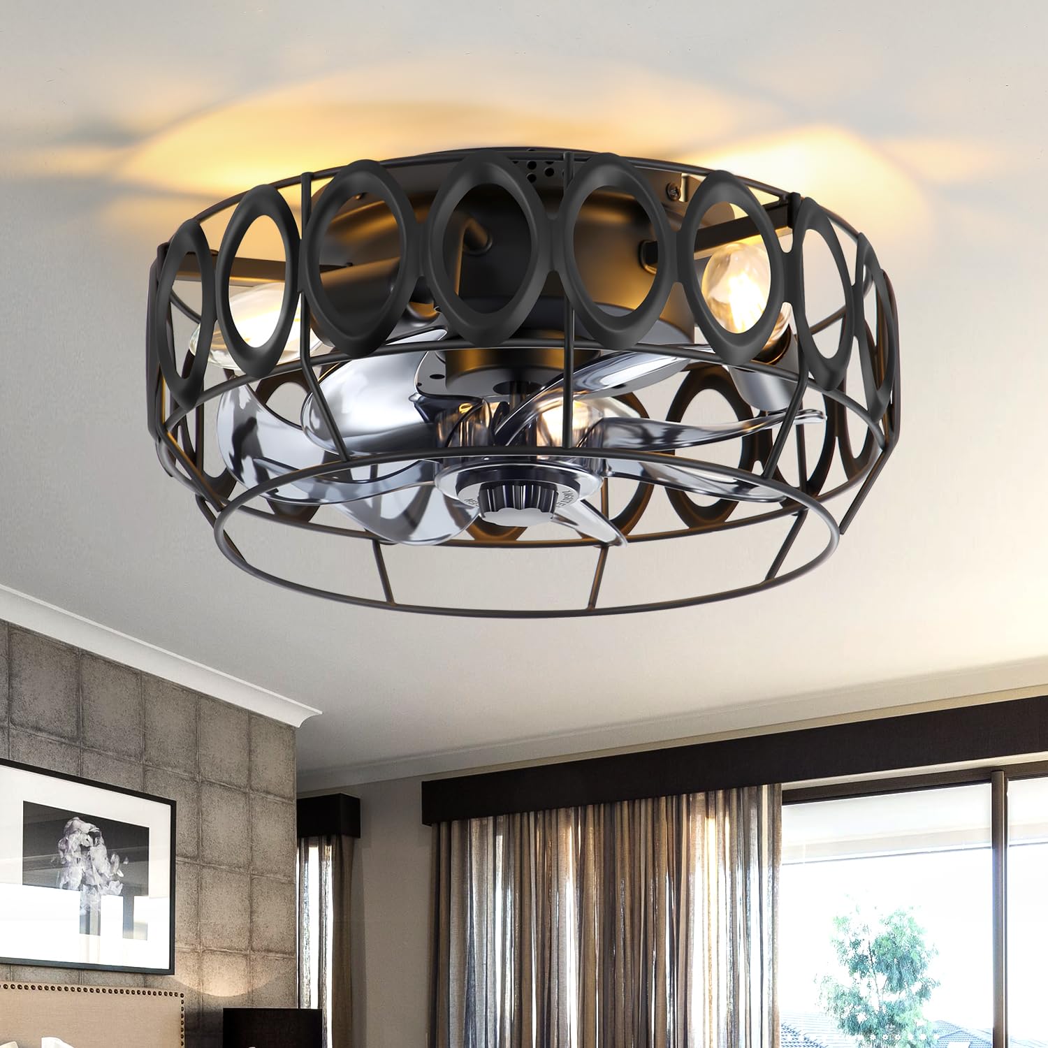 ZYD Caged Ceiling Fan with Light, 13 Caged Industrial Ceiling Fans with Lights and Remote Flush Mount, Small Farmhouse Ceiling F