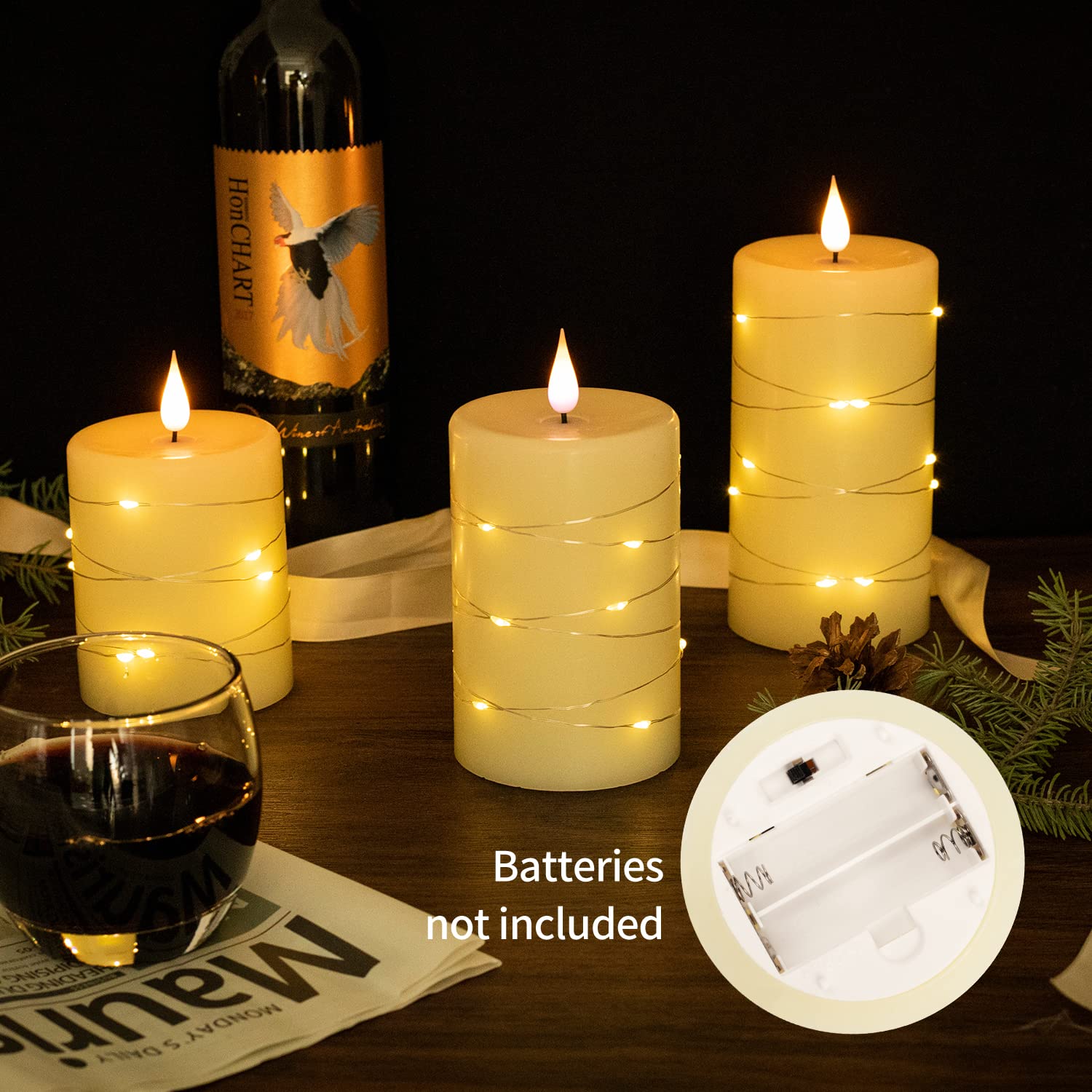 Flameless Battery Operated Flickering Valentine'S Romantic Candle,With Embedded String Lights 3 Pack Led Electric Candle With 10
